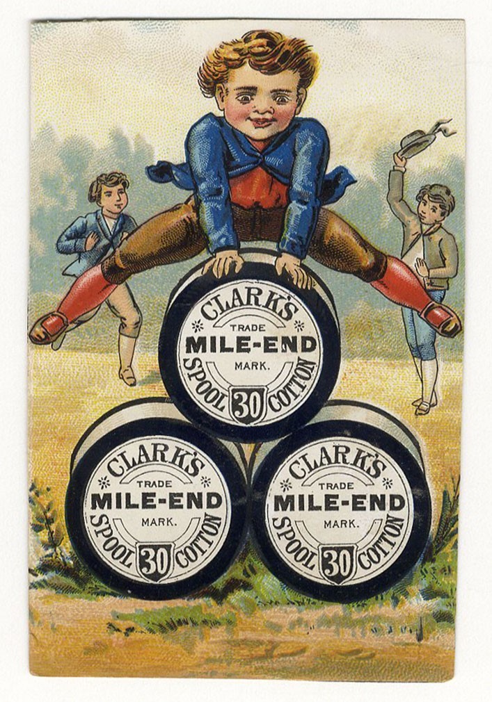 CLARK’S MILE END Cotton Thread BOY Jumping Over Spools VICTORIAN Trade Card 1880