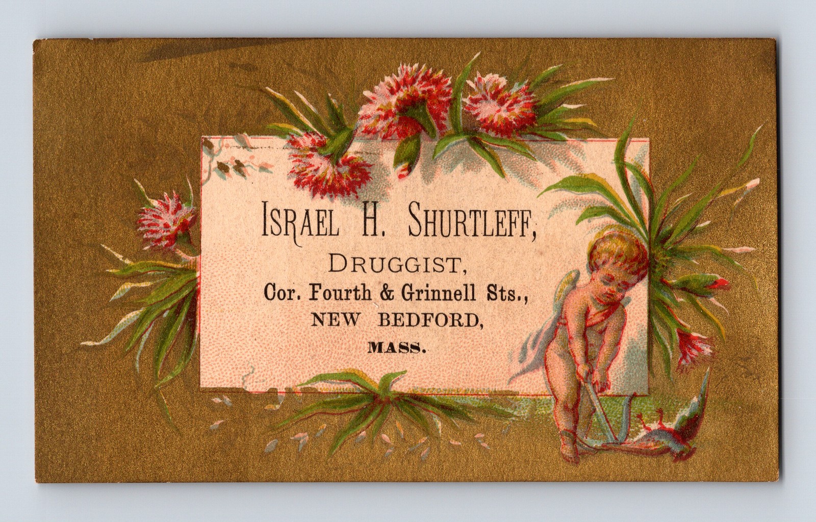 Israel H. Shurtleff Druggist Cherub & Bird New Bedford MA Victorian Trade Card