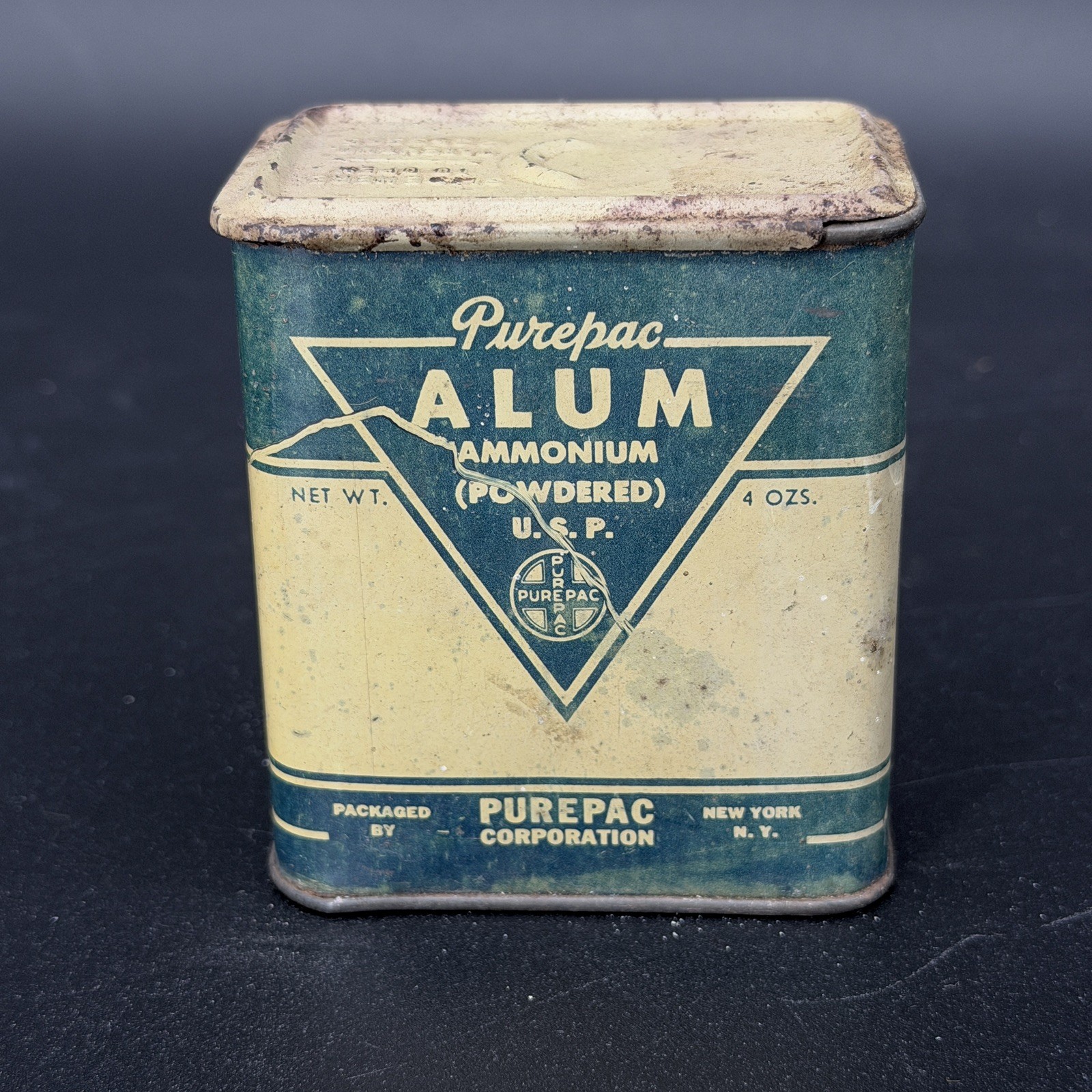 Vintage 1940’s Purepac Alum Ammonium Powder Tin for Gargling Washing Douching