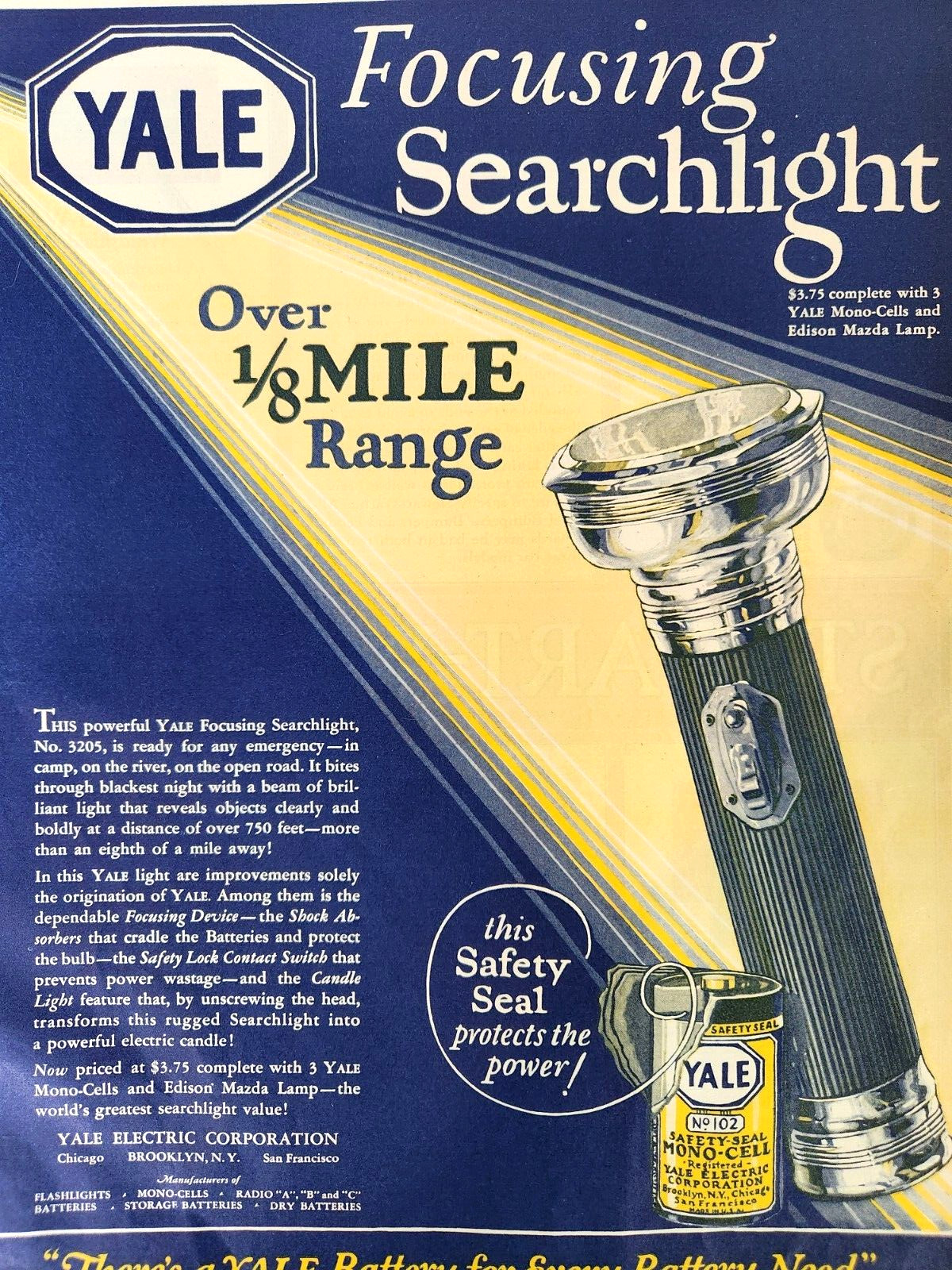 Searchlight Flashlight Yale Electric Brooklyn NY Vintage 1927 Ad Magazine Print