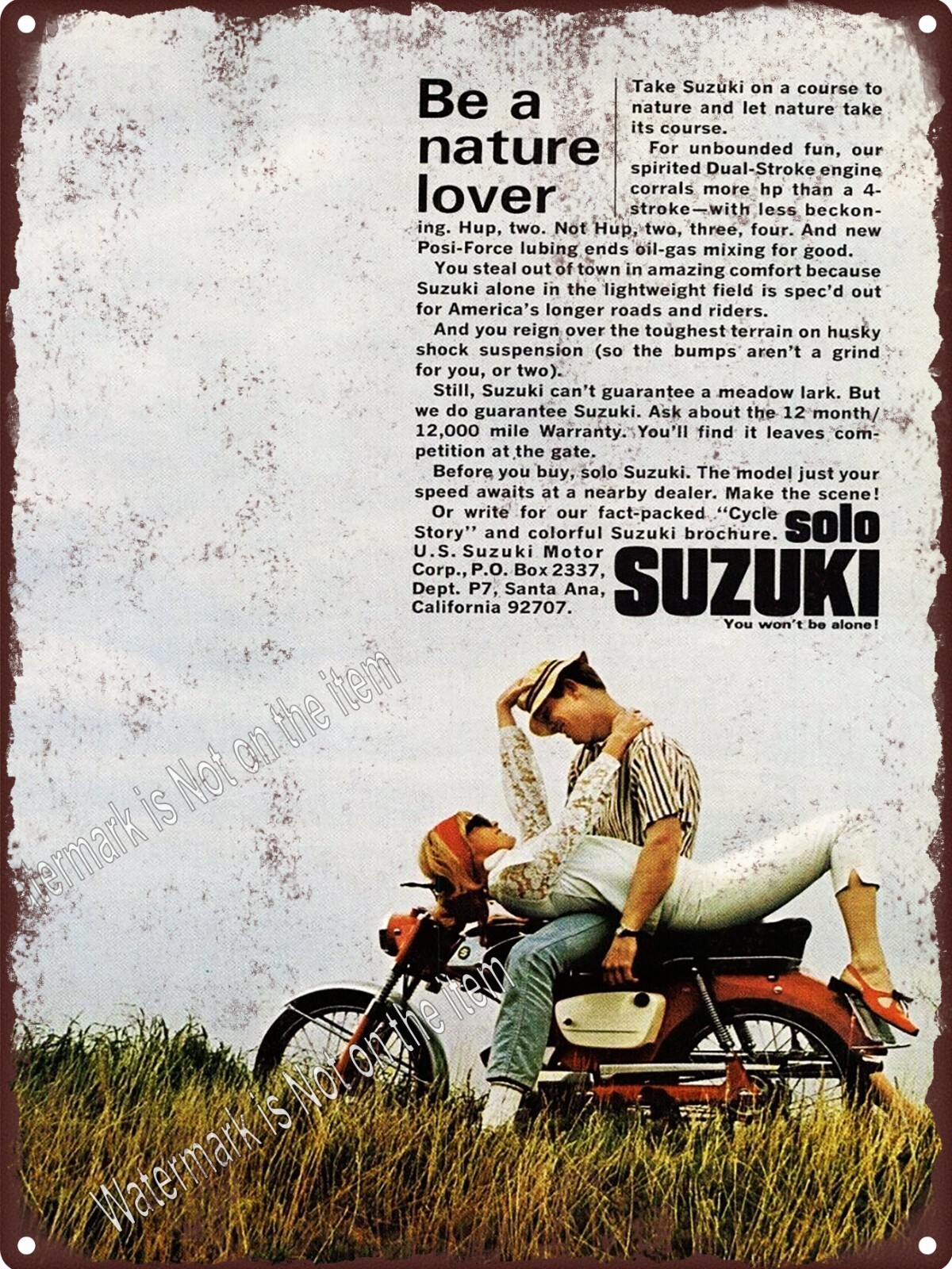 1966 Suzuki Solo Dual-Stroke Motorcycle Provocative Girl Metal Sign 9×12″ A630