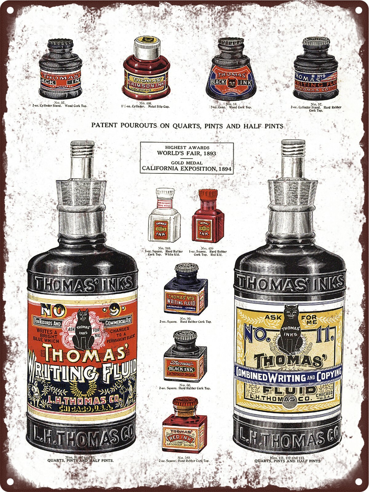 1908 Thomas’ Ink Bottles Black Writing Fluid Black Cat Metal Sign 9×12″ 60713