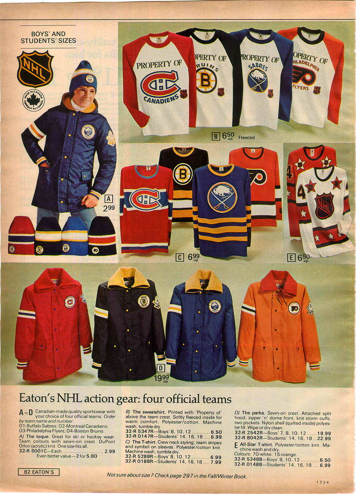 1975 ADVERTISEMENT Clothing NHL Buffalo Sabres Montreal Canadians Boston Bruins