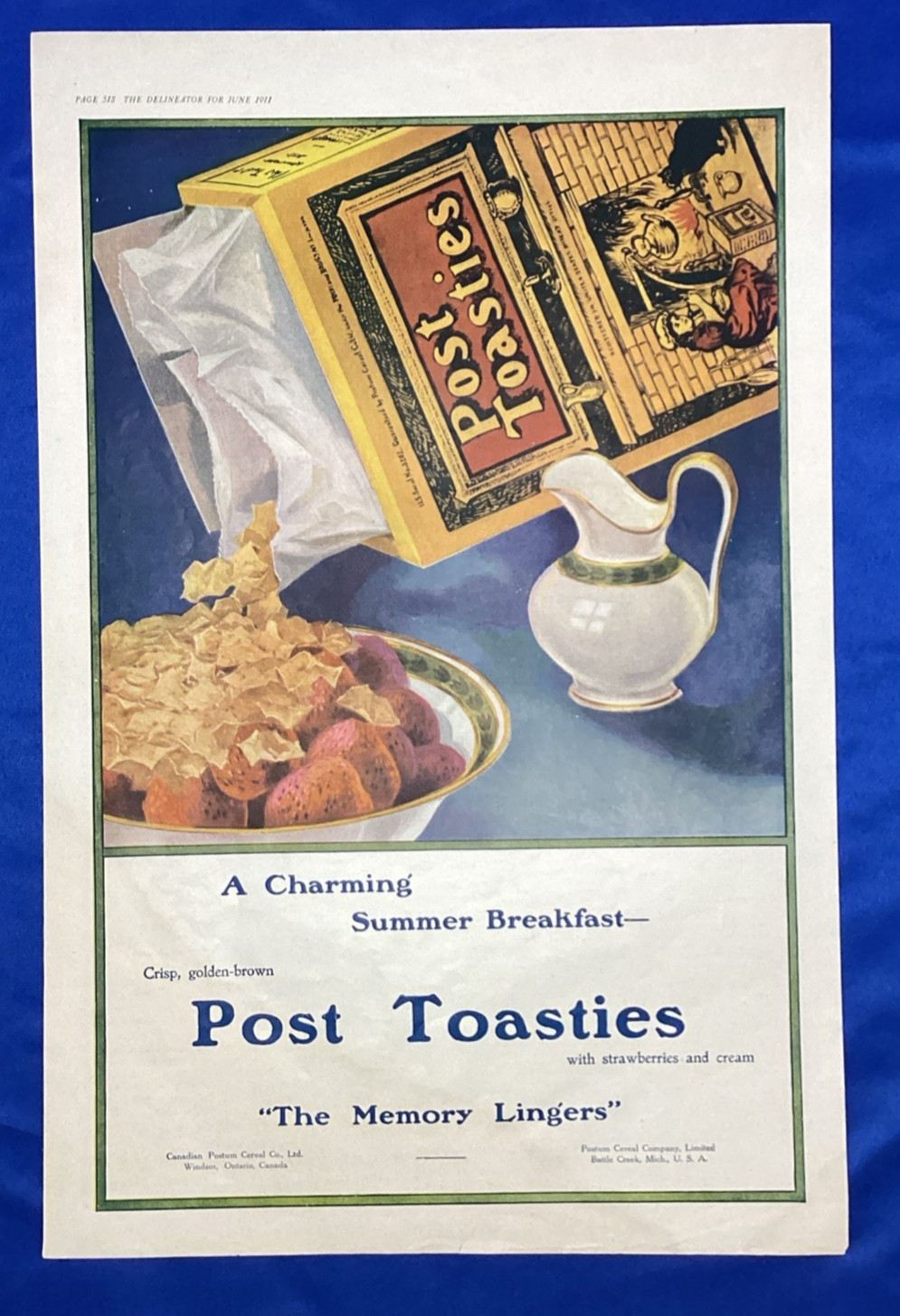 Vintage Post Toasties Ad “The Memory Lingers” 1911, Perfect for Framing