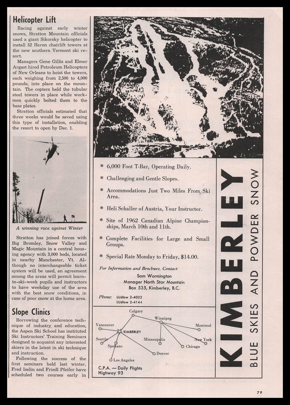 1961 Kimberly British Columbia Canada Snow Ski Area Blue Skies Powder Print Ad