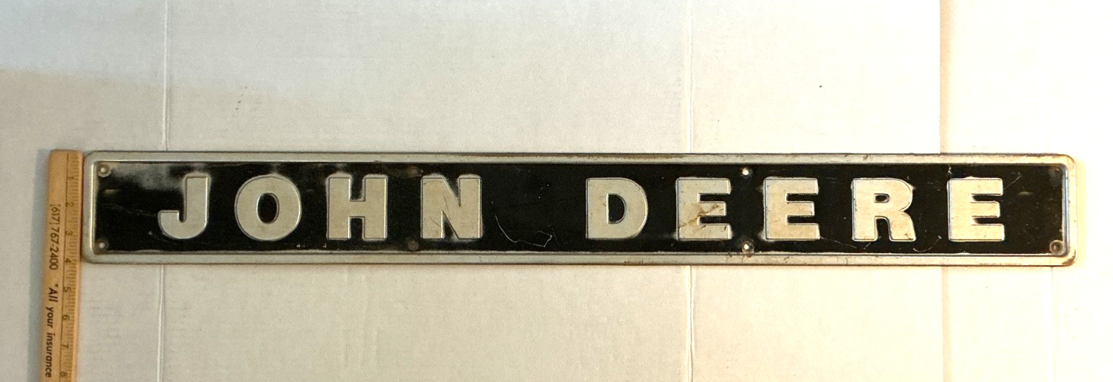 VINTAGE JOHN DEERE METAL ADVERTISING EMBLEM SIGN FROM JOHN DEERE TRACTOR-4”x36”