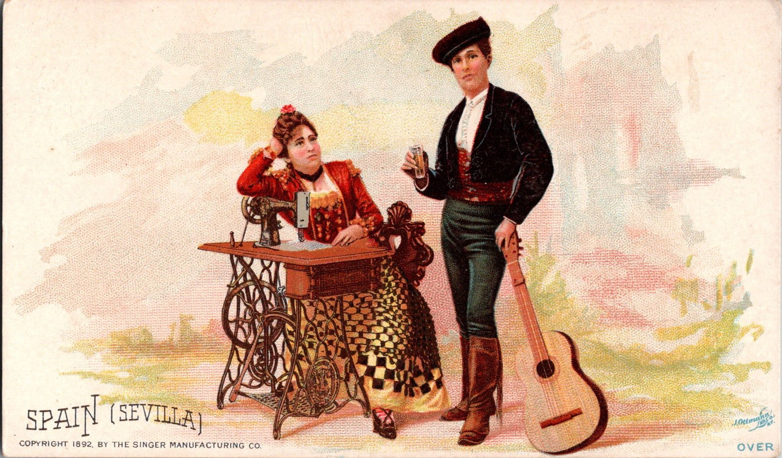 c1892 Singer Manufacturing Co. Sewing Trade Card SPAIN Sevilla Costumes Nations