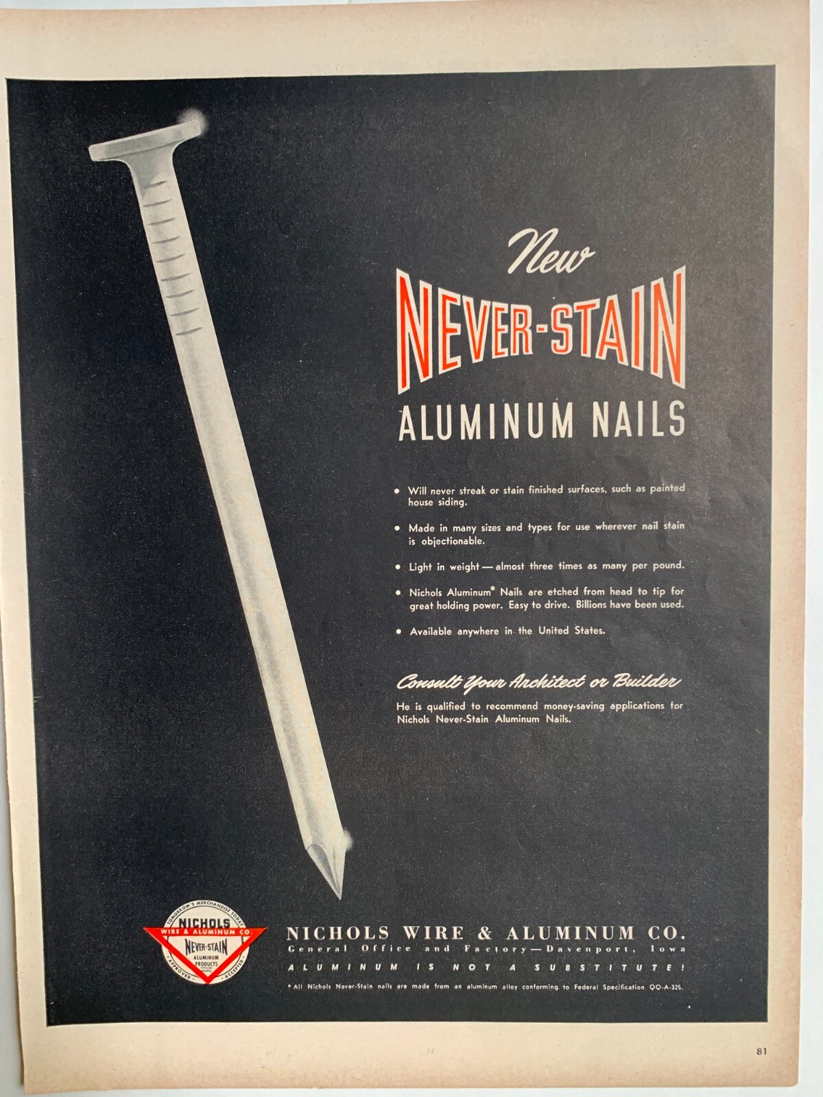 Nichols Wire & Aluminum 1949 Print Ad 14″x10″ Never Stain Aluminum Nails