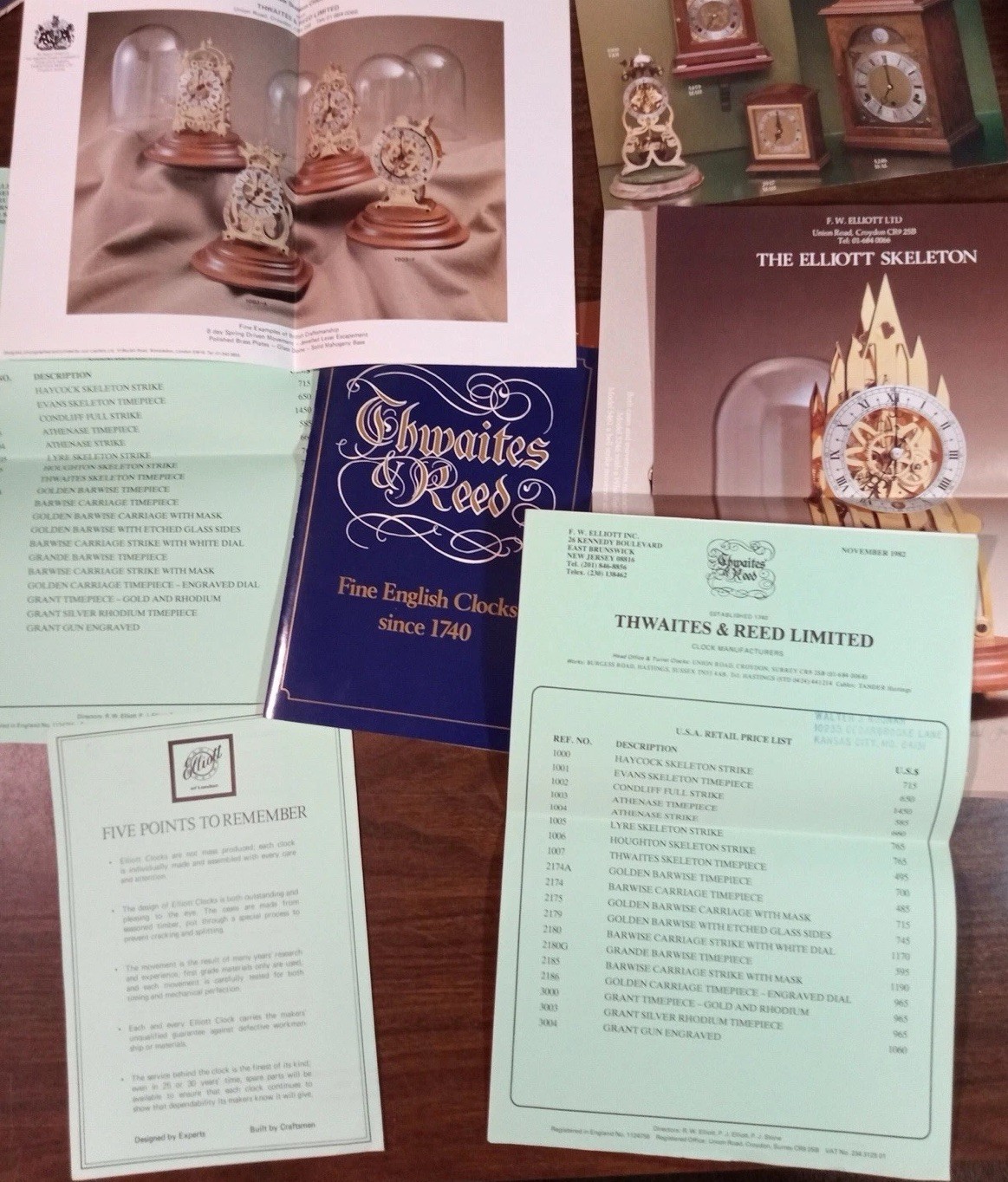 THWAITES & REED F.W. ELLIOTT CLOCK DEALER CATALOG LOT W PRICE LIST 1982