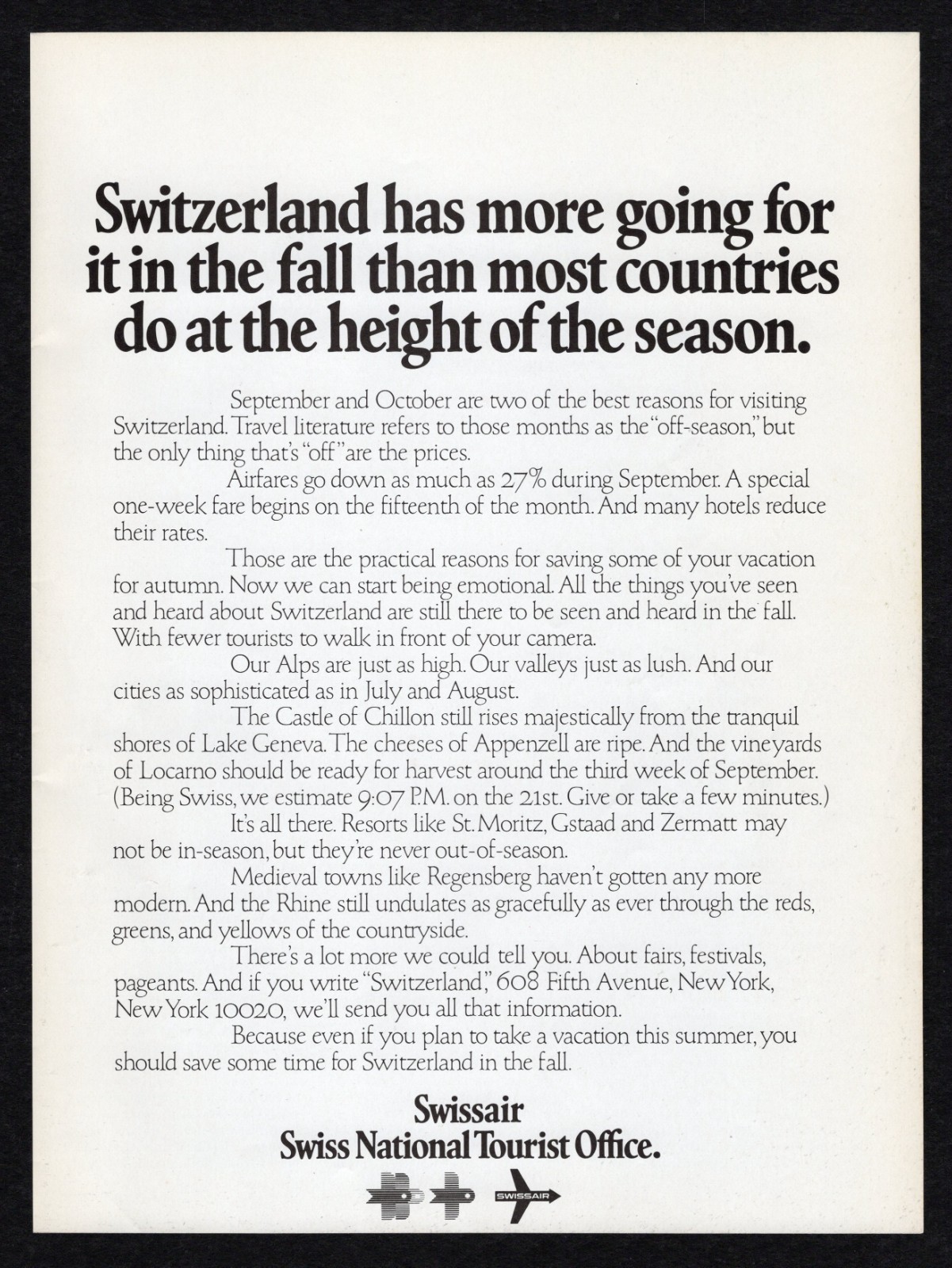 1977 Switzerland Swissair Swiss National Tourist High Alps Lush Valleys Print Ad
