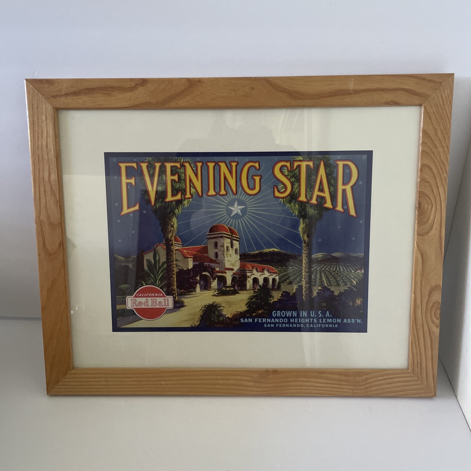 EVENING STAR RED BALL CALIFORNIA ORIGINAL FRUIT CRATE LABEL FRAMED