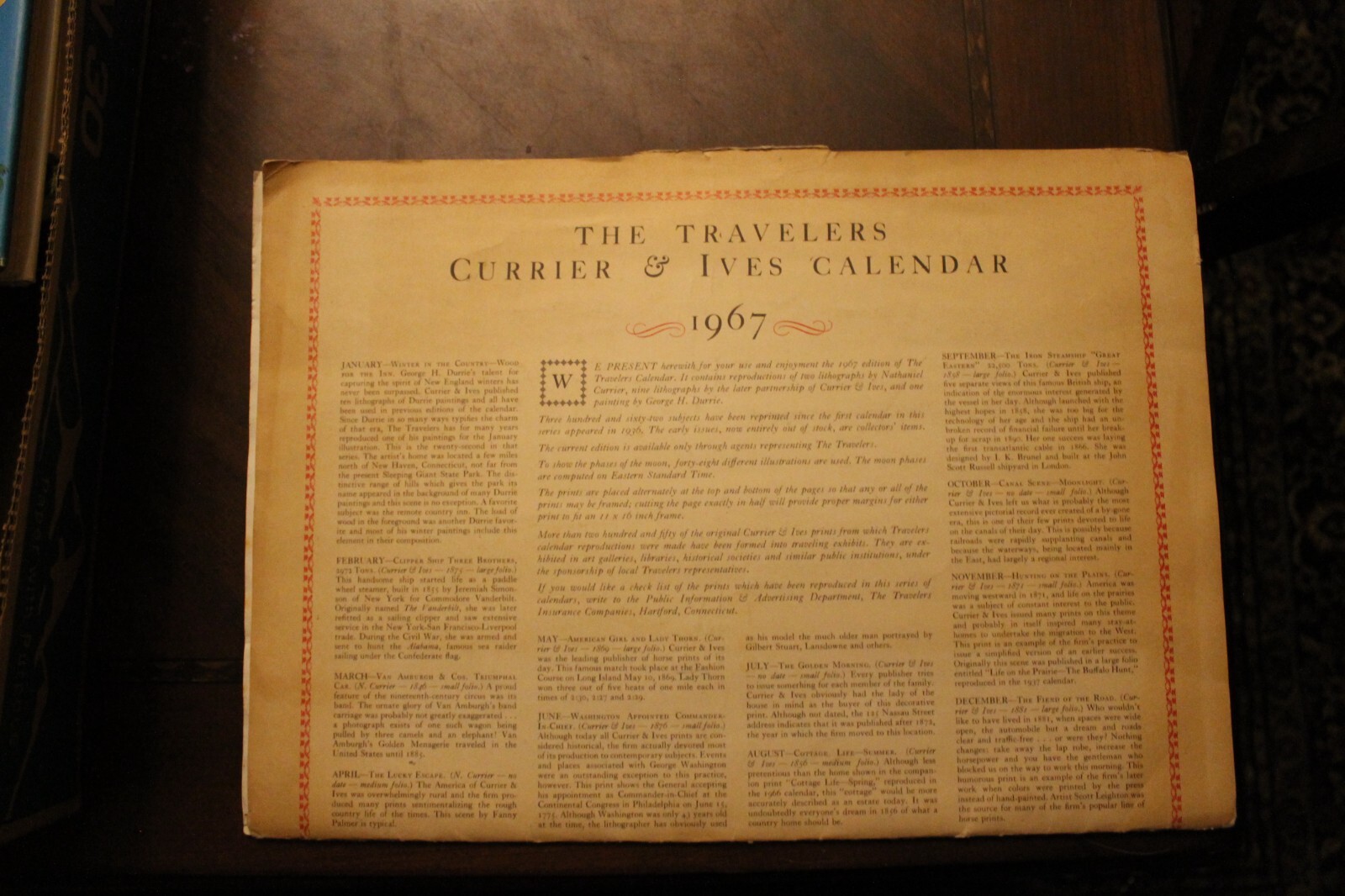 Currier and Ives Travelers Calendar 1967