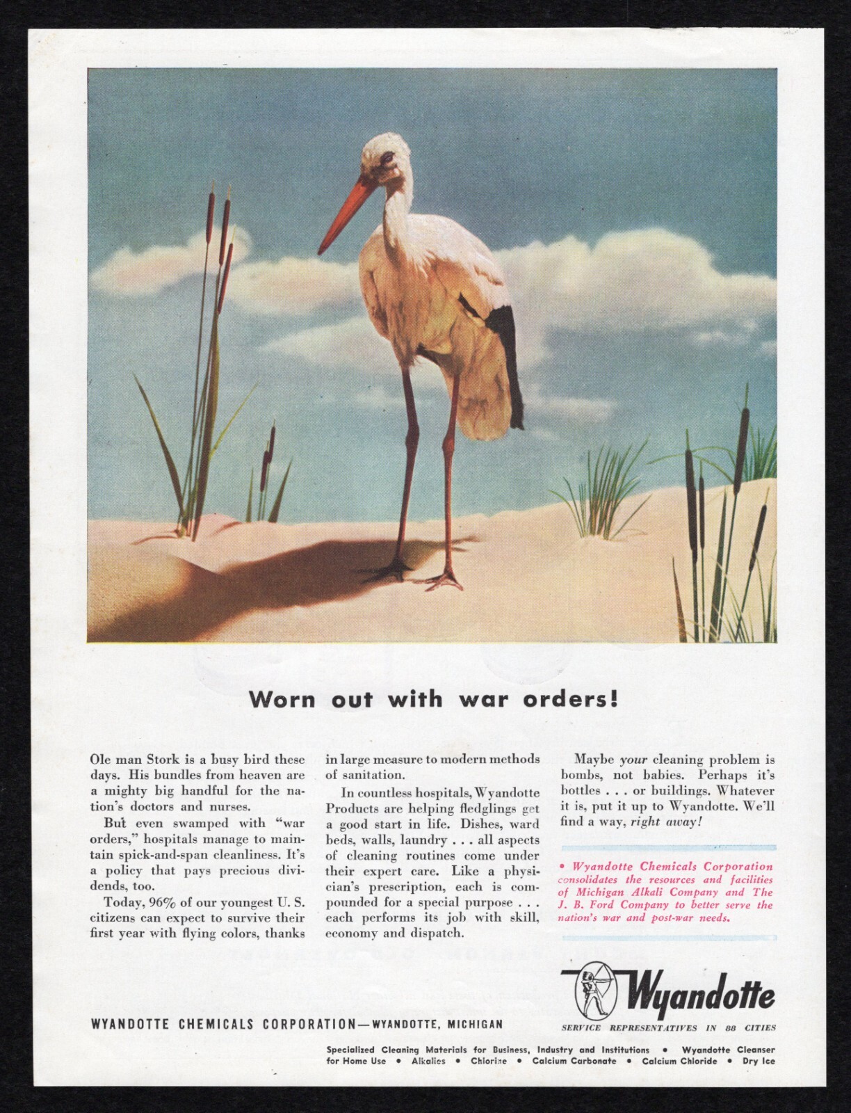1943 Wyandotte Chemical Worn Out With War Order Ole Man Stork Busy Bird Print Ad