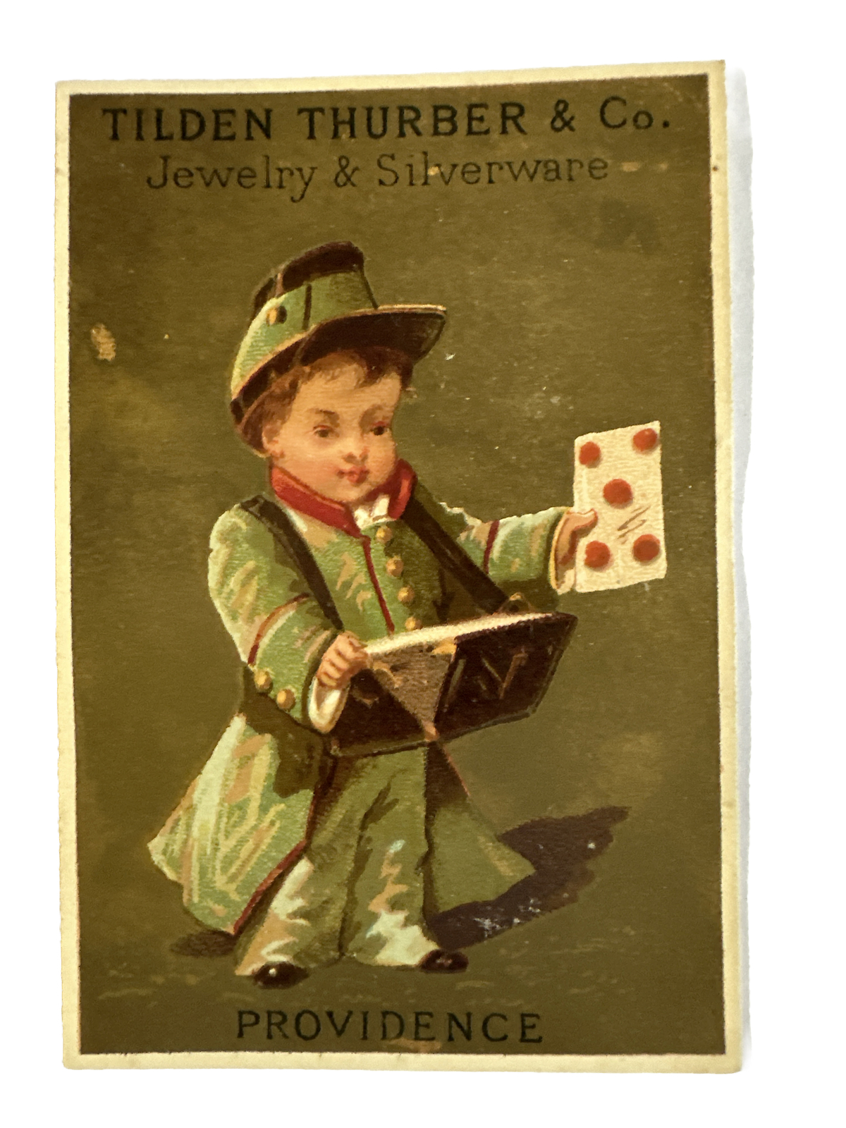 Victorian jewelers trade card Tilden Thurber Co Providence boy Card Vendor B32