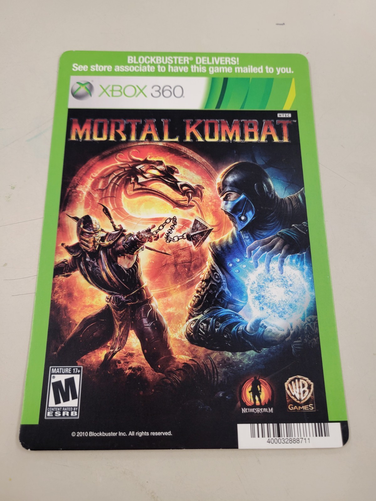 Mortal Kombat- XBOX 360 BLOCKBUSTER VIDEO BACKER CARD -NO GAME