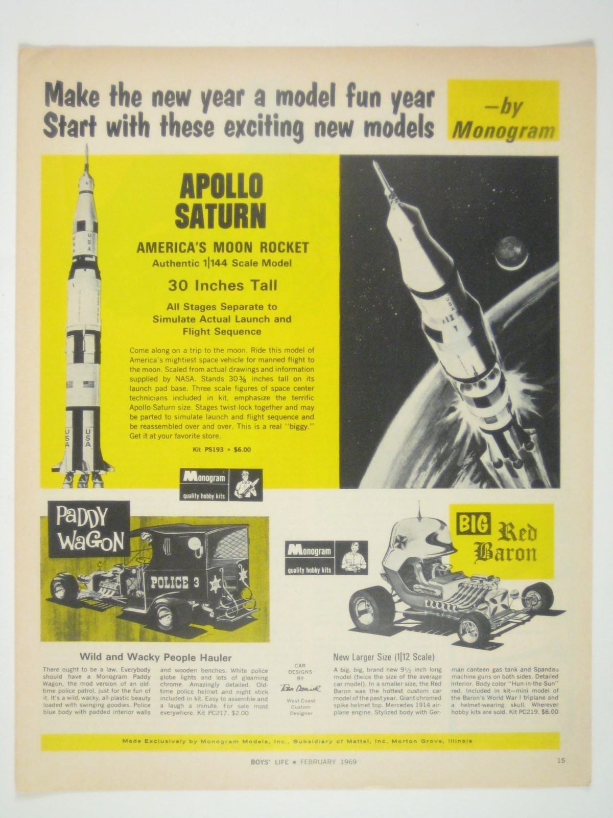 Apollo Saturn Scale Model Americas Moon Rocket Vintage 1969 Print AD Paddy Wagon