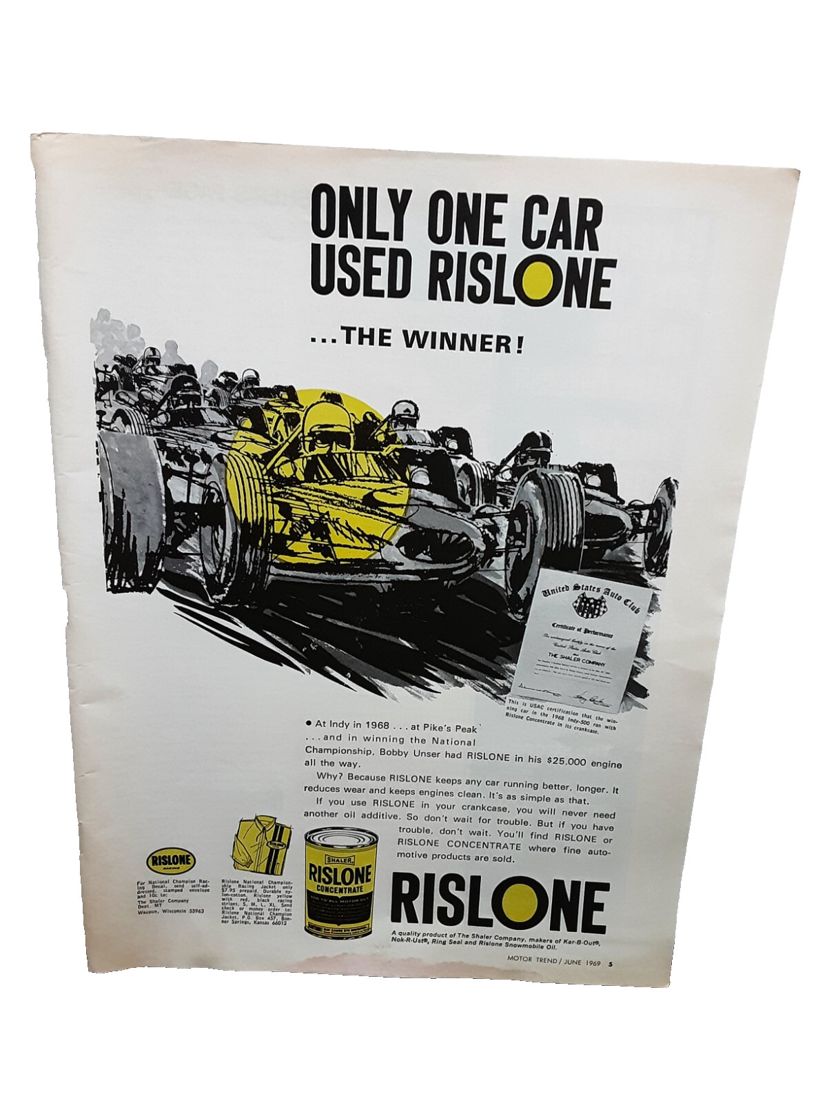 1969 Rislone Oil Additive Indy 1968 Pikes Peak Winner Print Ad Original