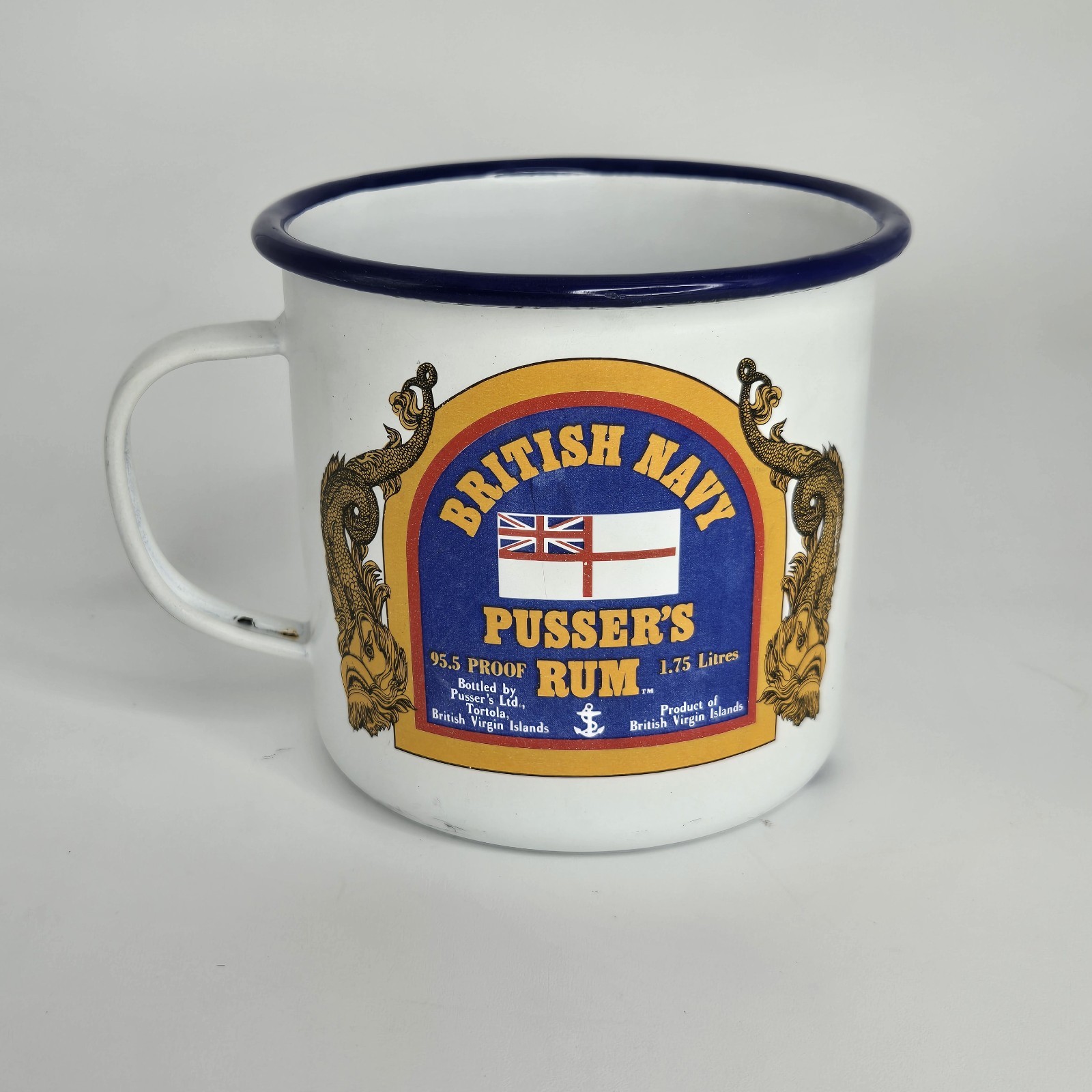 BRITISH ROYAL NAVY PUSSER’S RUM TIN ENAMEL CUP MUG MADE IN VIRGIN ISLANDS