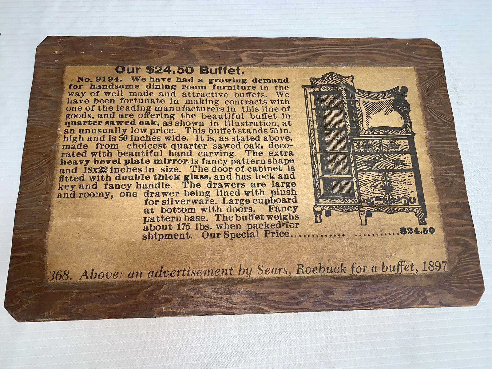 Antique Wood Sign Sears, Roebuck Advertising Our $24.50 Buffet Wood/Paper Label