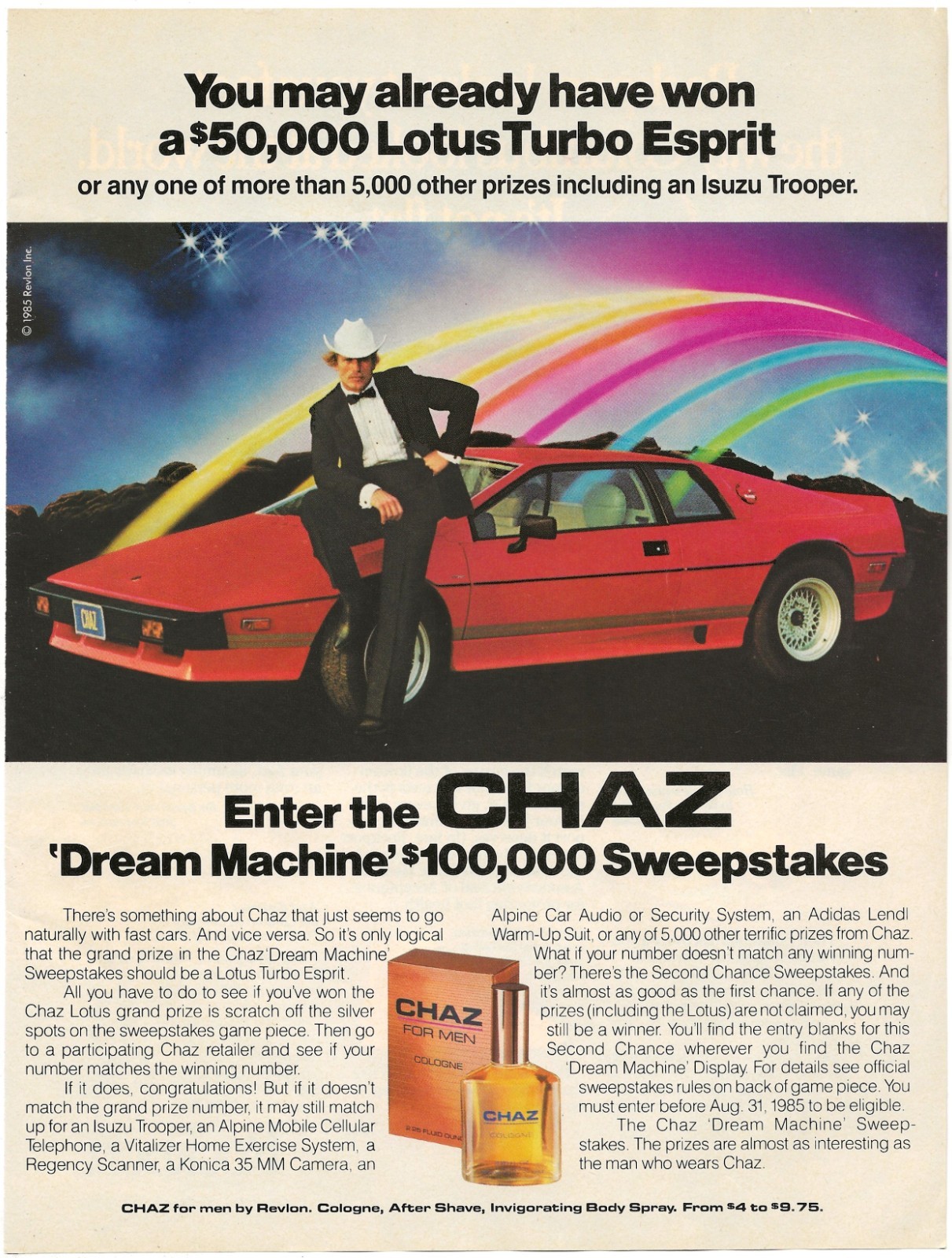 Vintage Print Ad Chaz Cologne For Men – Lotus Turbo Esprit Sweepstakes- Jun 1985