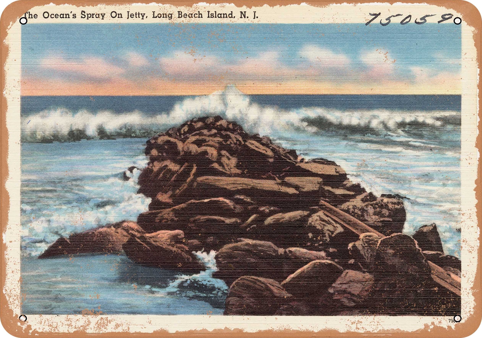 METAL SIGN – New Jersey Postcard – The ocean’s spray on jetty, Long Beach Islan
