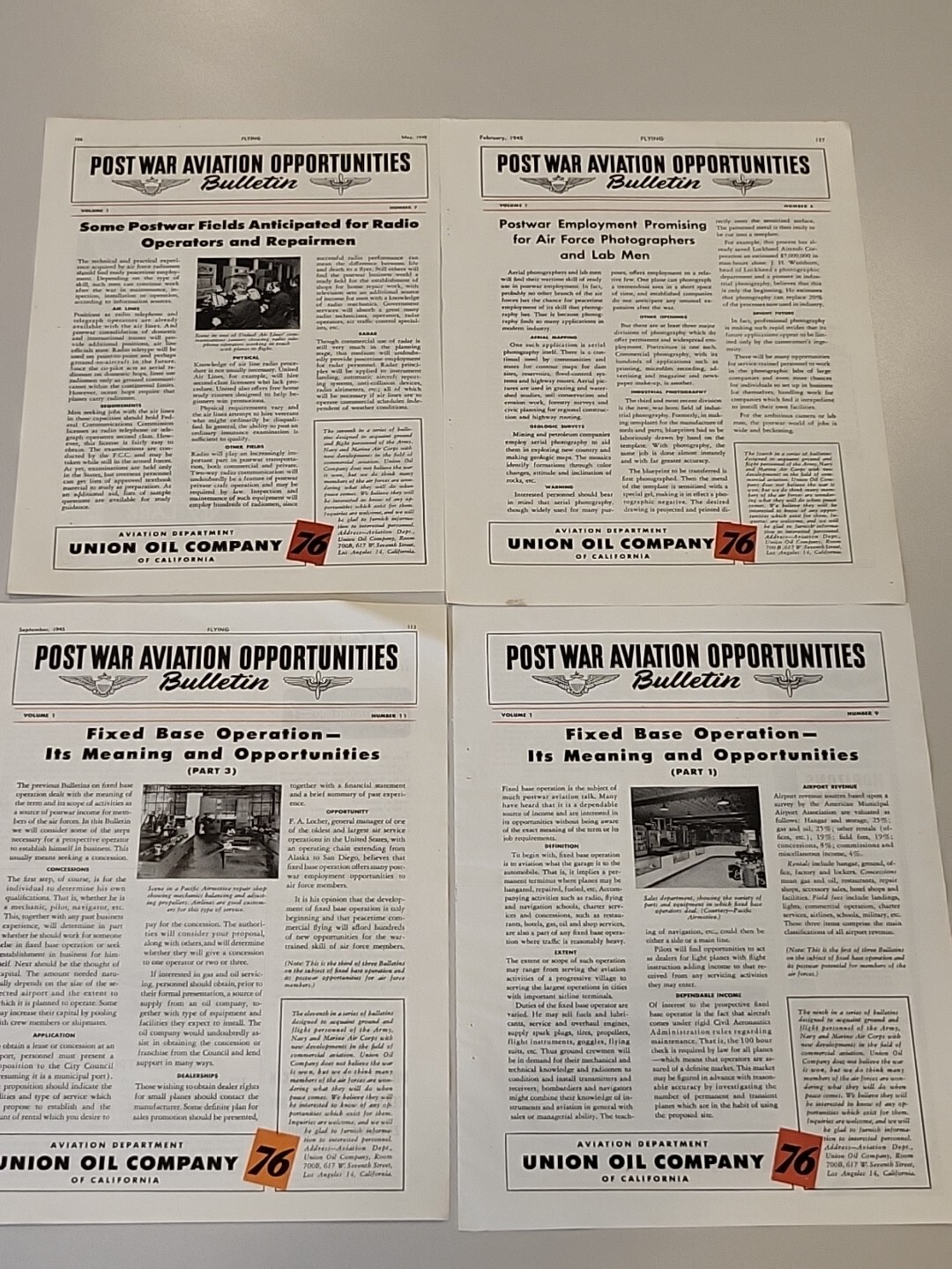 Lot (4) Union Oil Company WW2 Flying Popular Aviation Magazine Print Advertising
