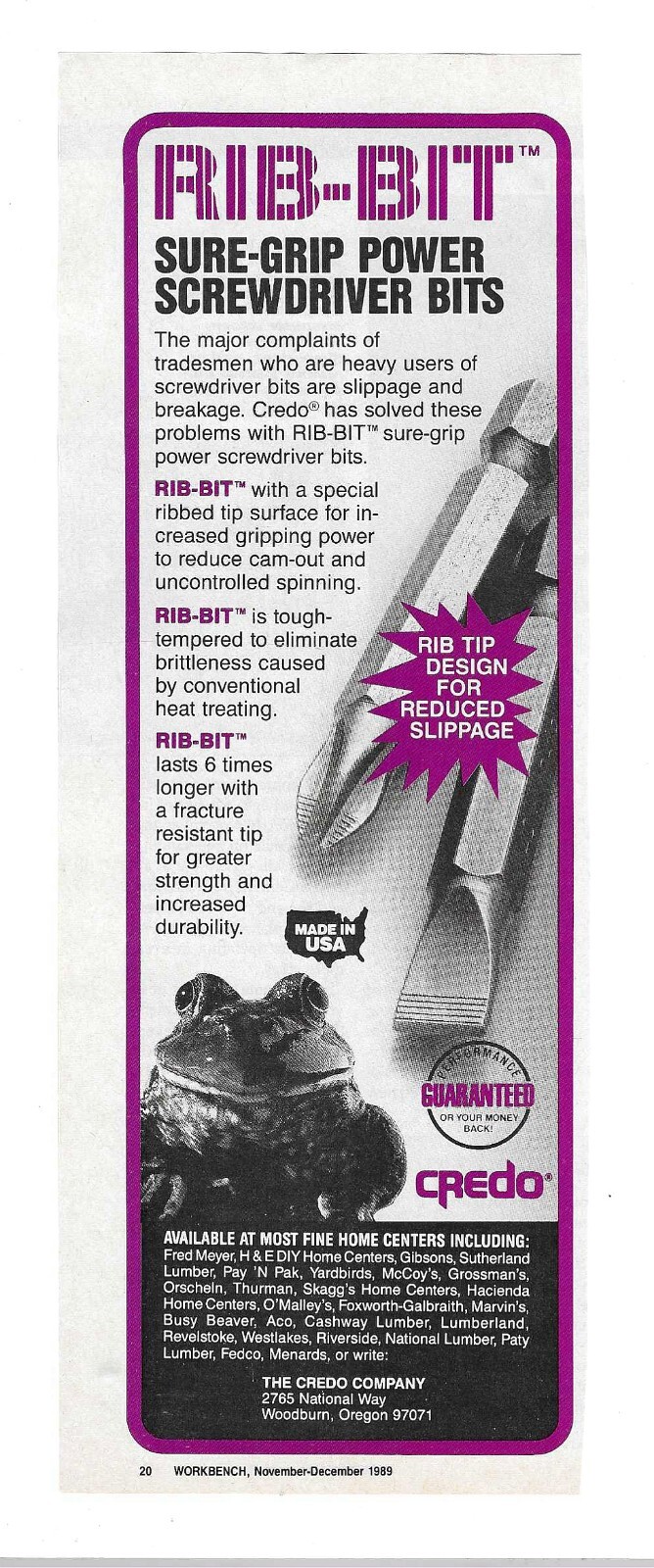 1989 Rib-Bit Sure-grip Power Screwdriver Bits Vintage Print Advertisement