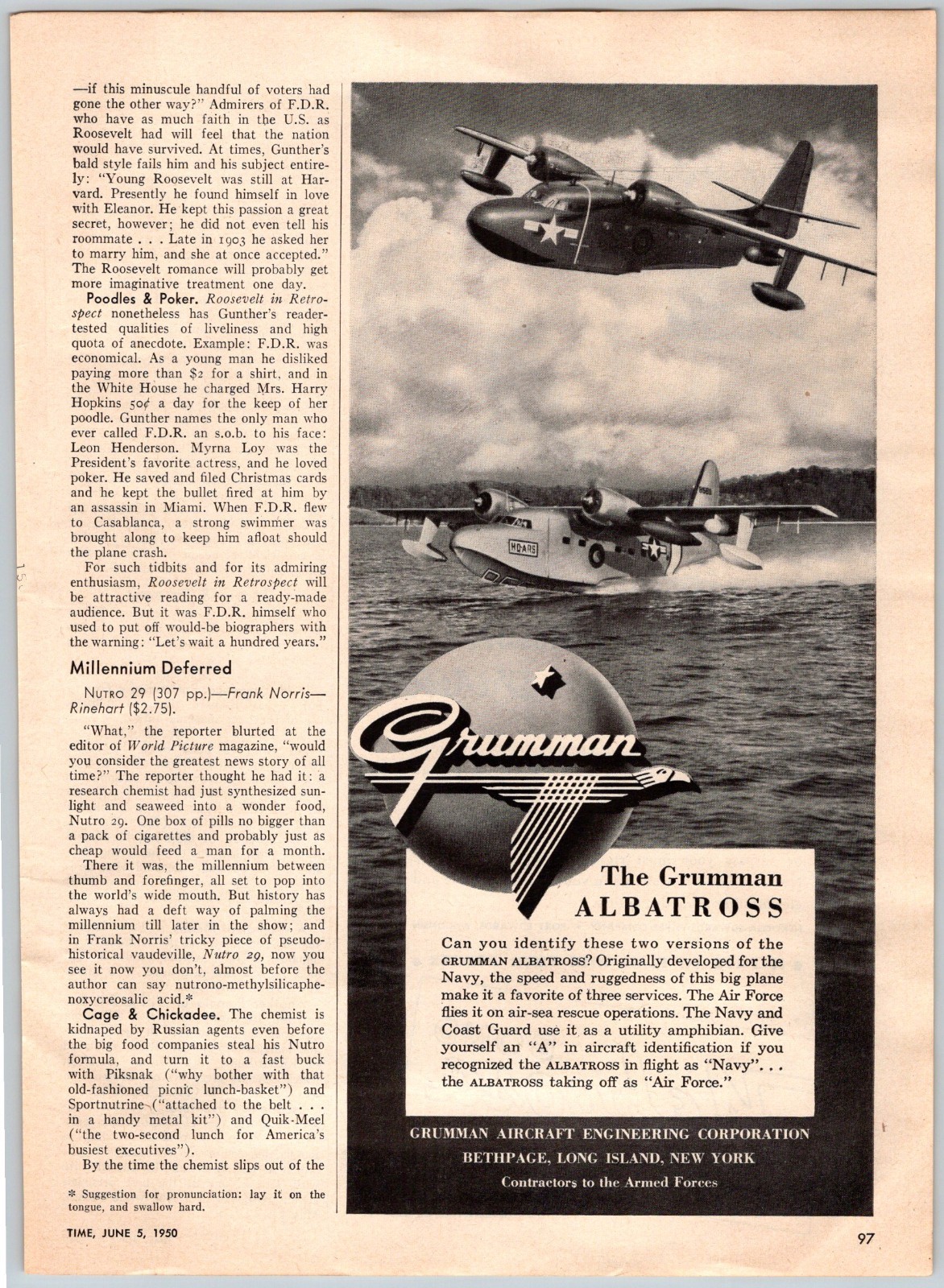 1950 THE GRUMMAN ALBATROSS AIRPLANE Vintage 5″X11″ Magazine Ad 1950’s TDL-5
