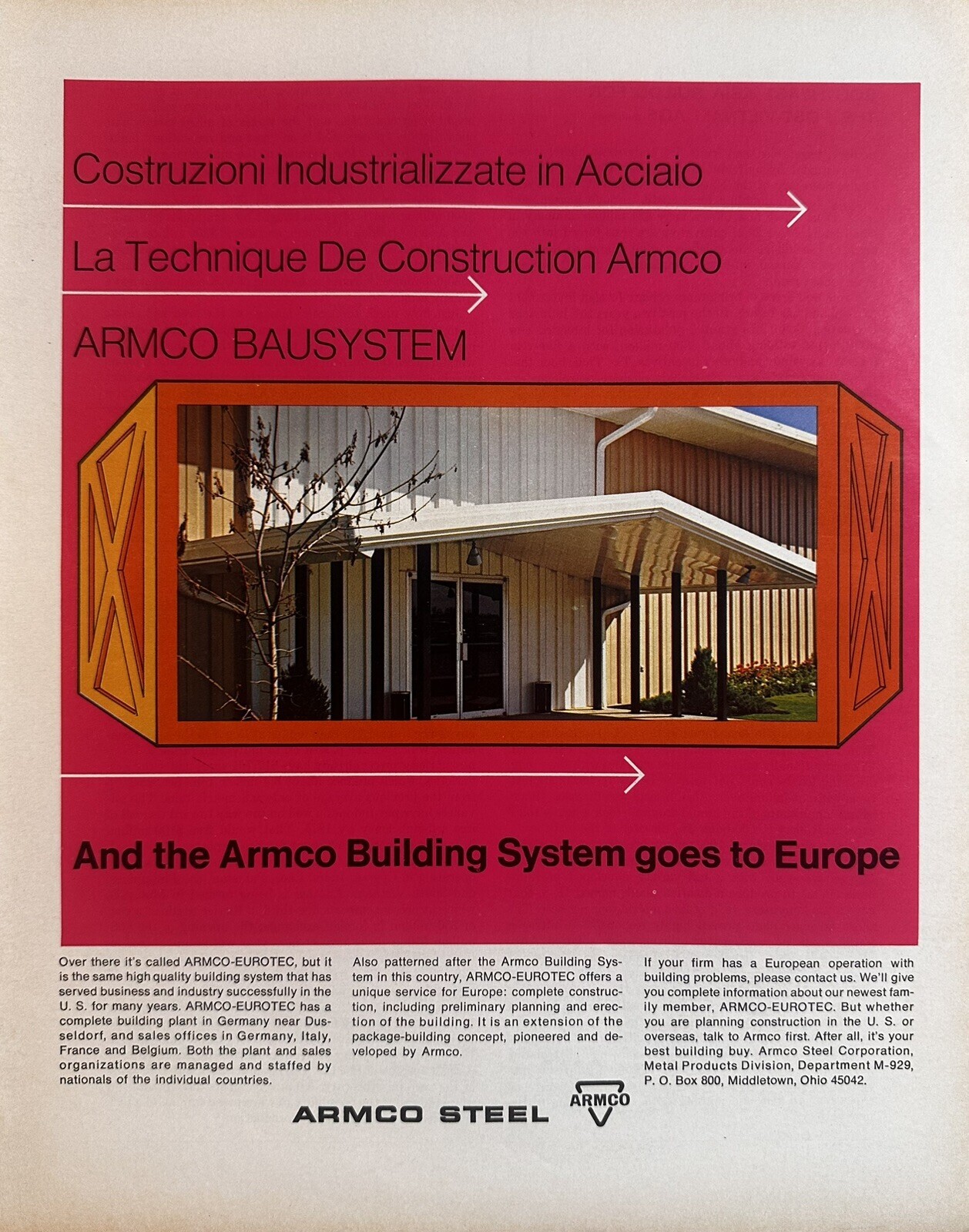 1969 Armco Steel “Building System Goes To Europe” Vintage Print Ad