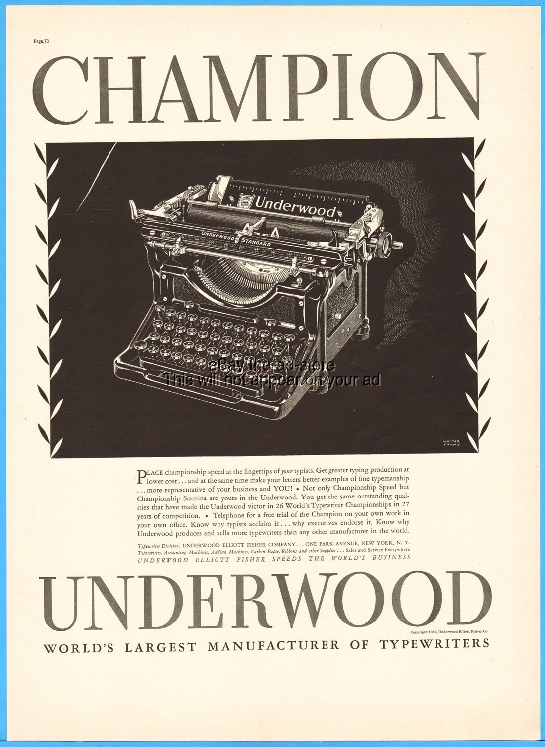 1937 Underwood Elliot Fisher Standard Typewriter Champion Walter Frame Art Ad