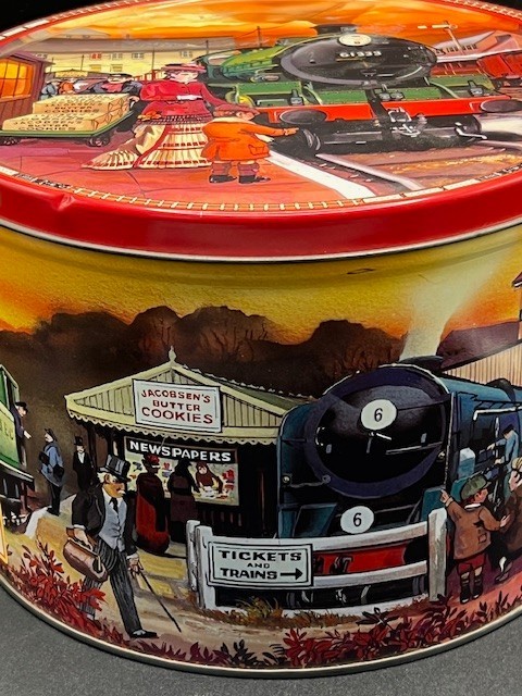 Lg. Jacobsens of Denmark Vintage Train Station Themed 9″ Cookie Collectible Tin