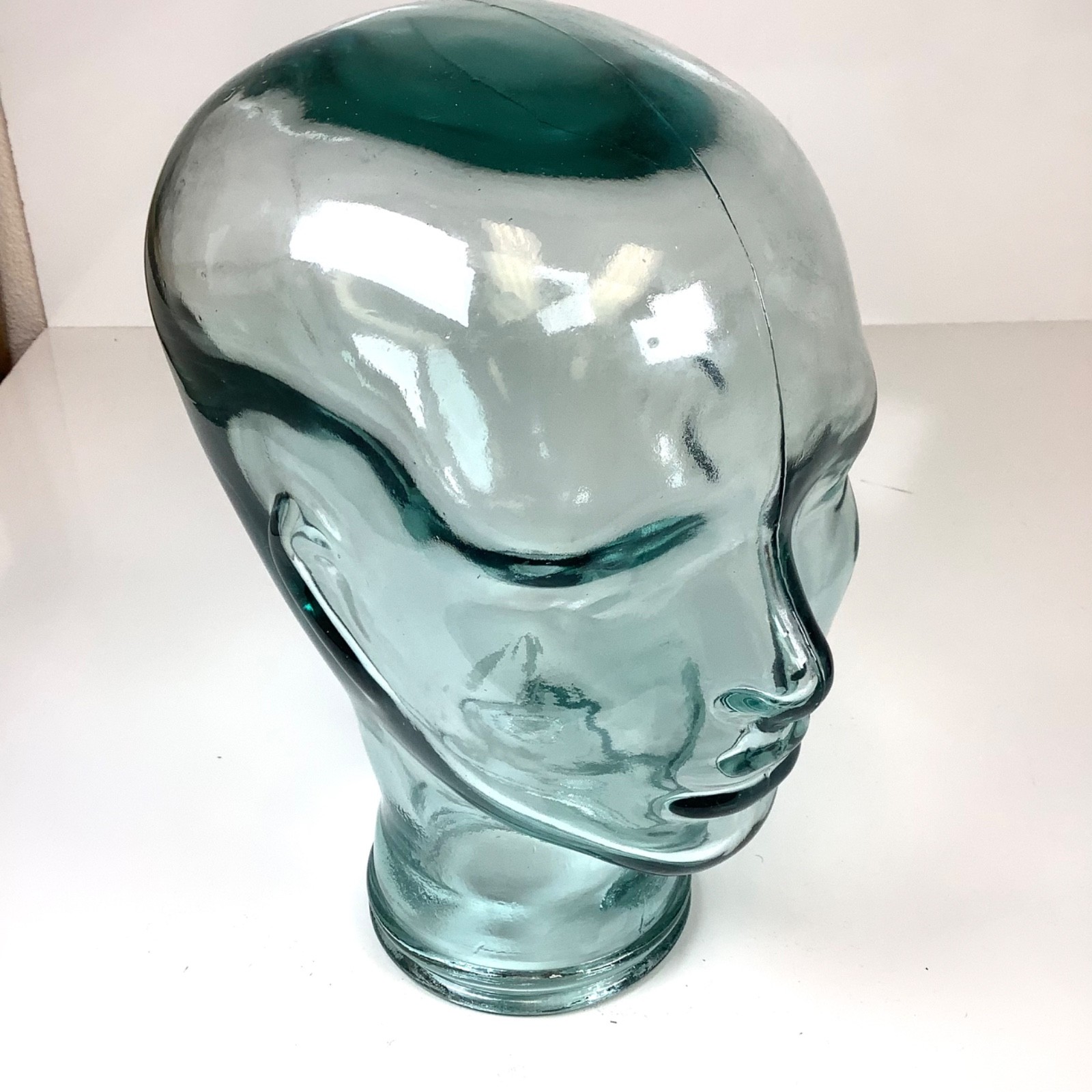 11” Tall Clear Green Tint Art Glass Head Mannequin Wig Hat Holder Display