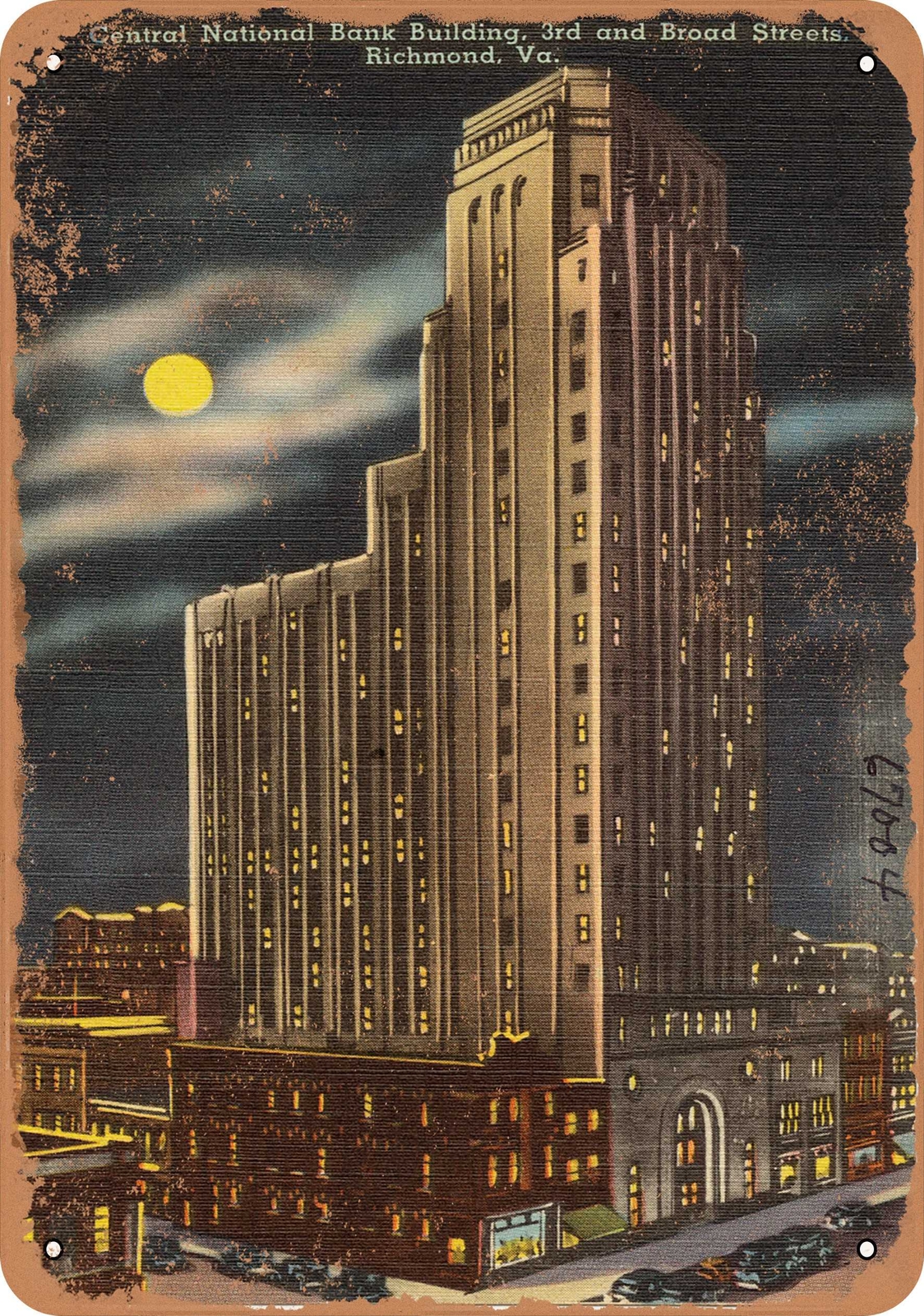 METAL SIGN – Virginia Postcard – Central National Bank building, 3rd and Broad