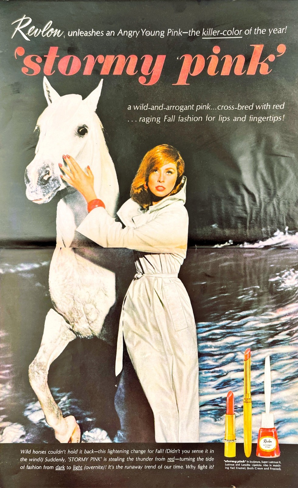 Revlon Stormy Pink Statement Sexy Woman & Horse at Raging River Vtg Mag Print Ad