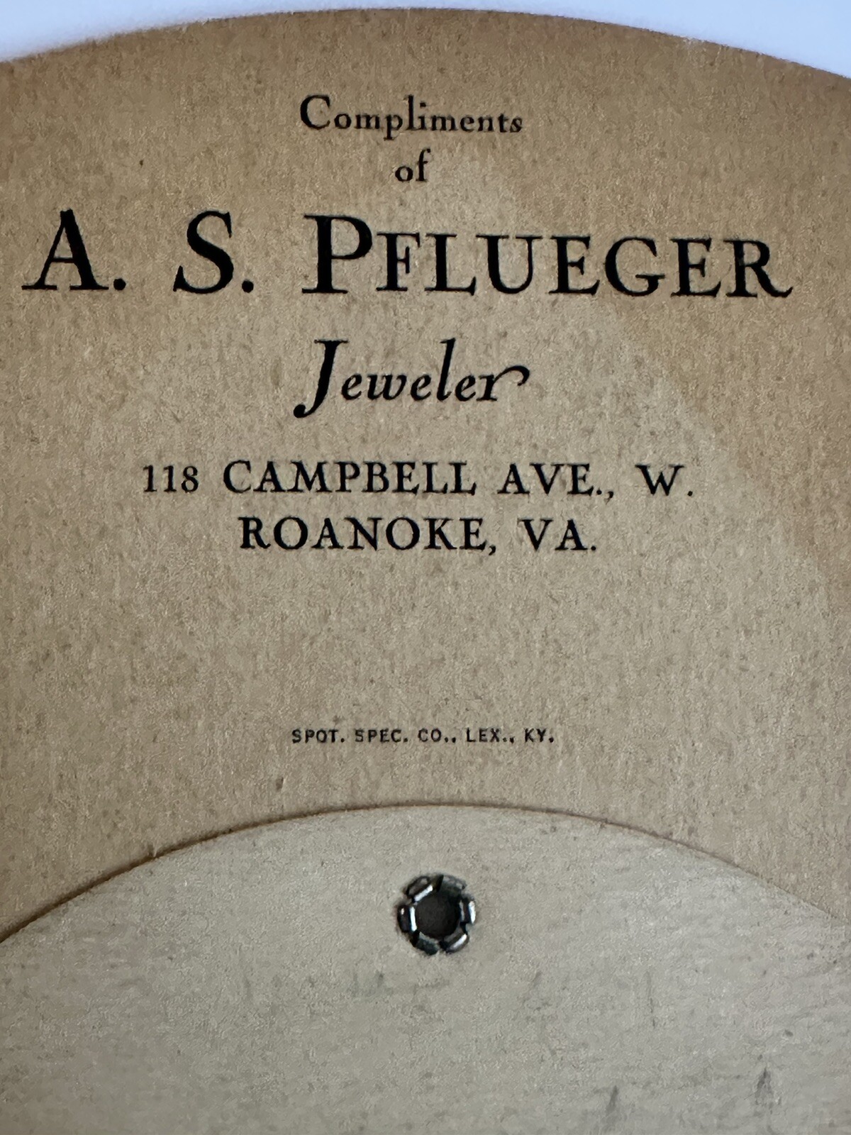 VICTORIAN TRADE CARD DIE CUT EXPANDABLE FAN A.S. PFLUEGER JEWELER ROANOKE VA A95