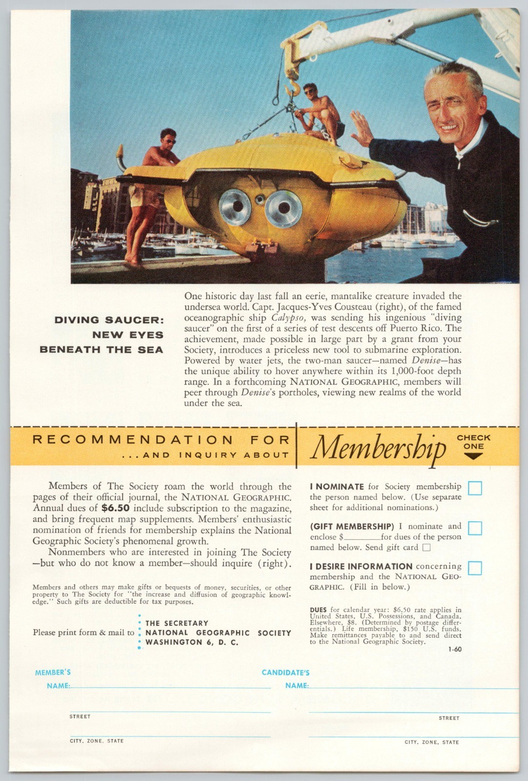 1960 Nat Geo Society Membership Vintage Print Ad Jacque Cousteau & Calypso Ship