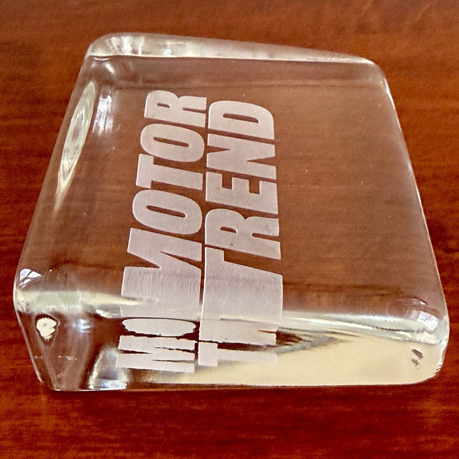 Vintage 1980s MOTOR TREND Magazine Glass Paperweight Etched Logo Promo Car Desk