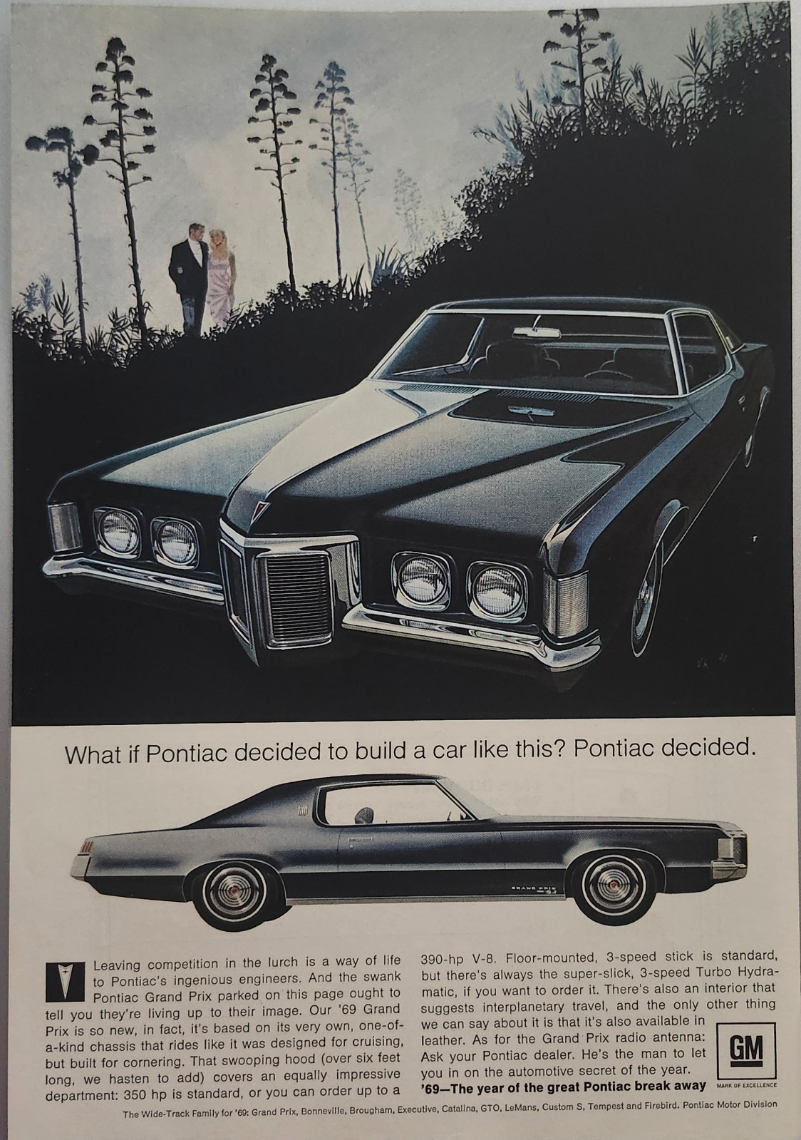1969 Pontiac Grand Prix Magazine Ad Black American Muscle Car 1960s Mid-Century