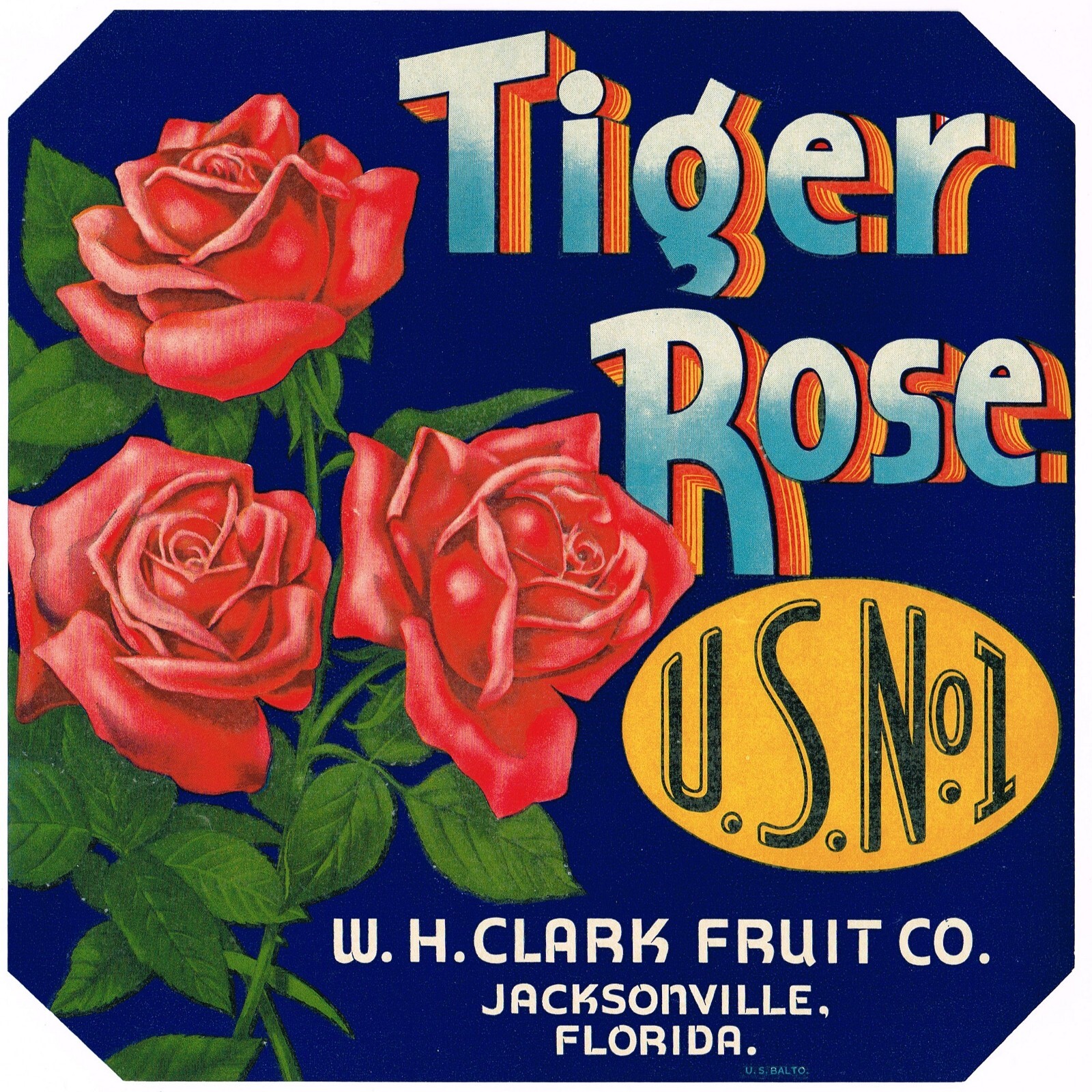 ORIGINAL FLORIDA ORANGE CRATE LABEL FLOWER JACKSONVILLE C1930 TIGER ROSE FLORAL