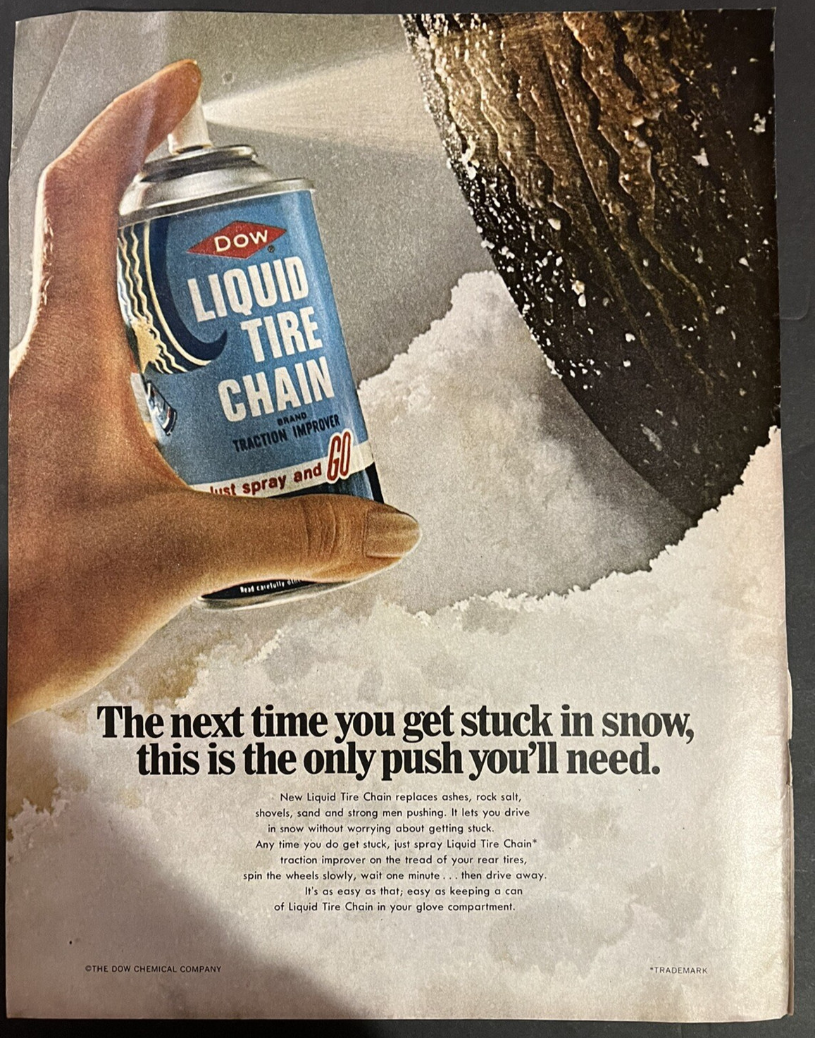 Vtg 1960s AD, DOW Liquid Tire Chain Traction Improver, DOW Chemical Co