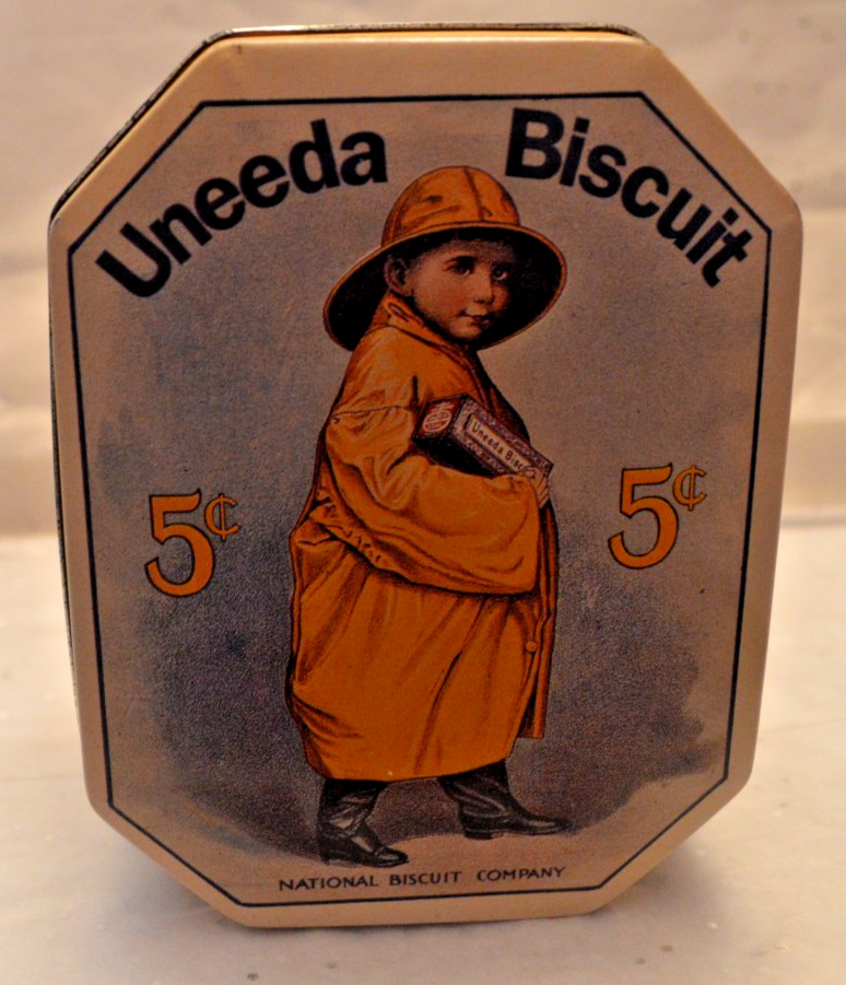 Tin Bristol Ware Uneeda National Biscuit Co Raincoat Boy Tin Canister