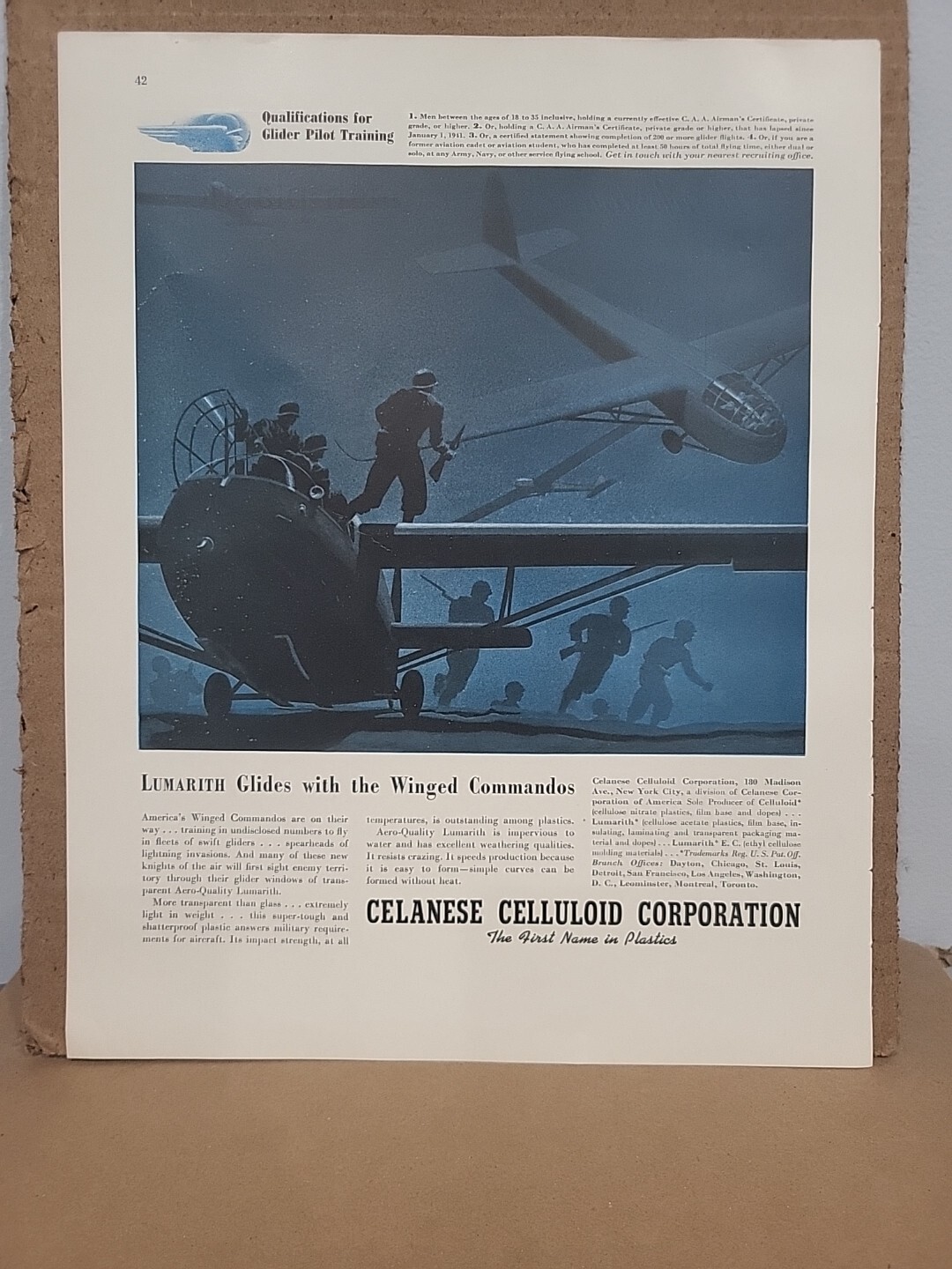 1942 Celanese Celluloid Lumarith Fortune WW2 Print Ad Q4 Glider Pilot Training