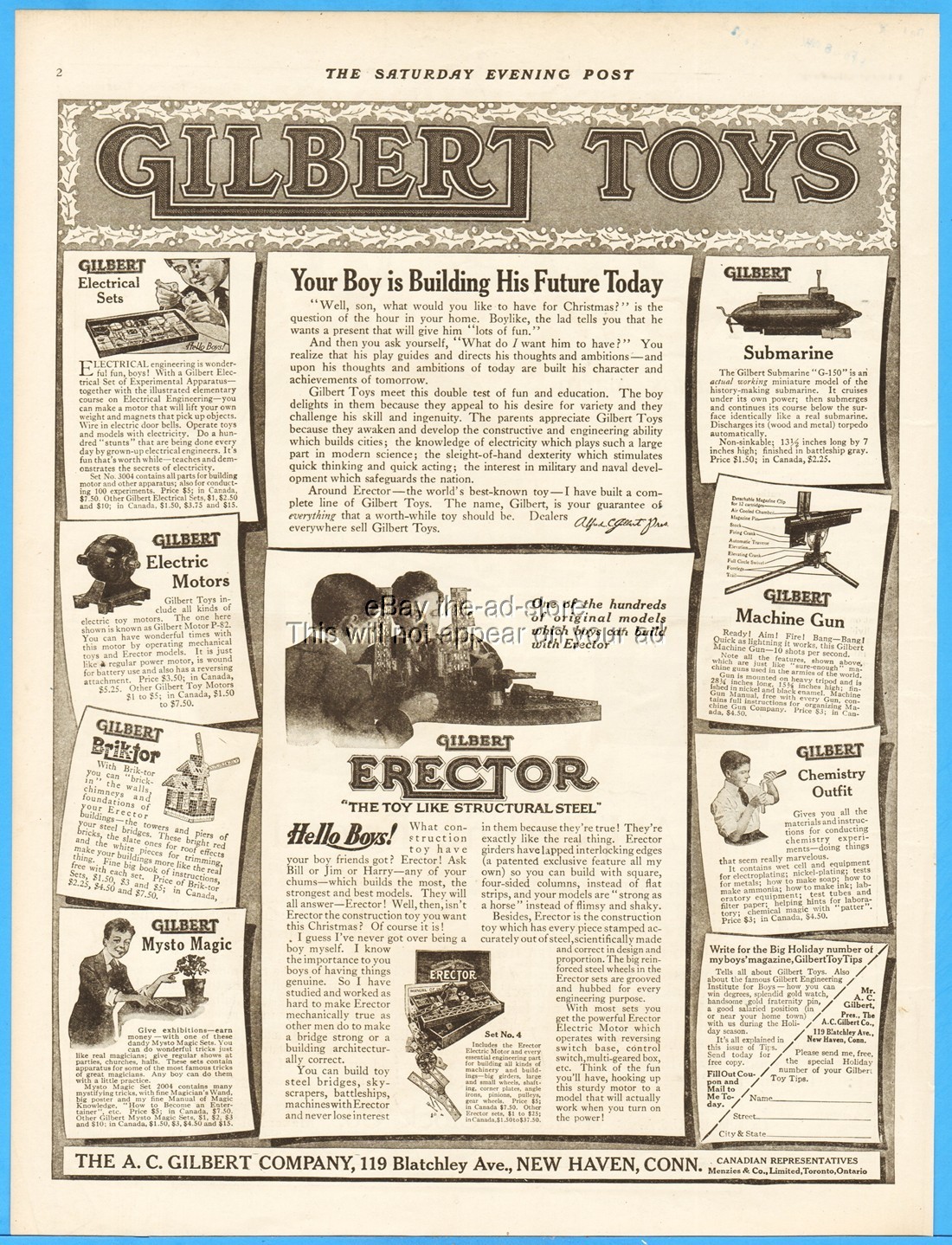 1917 AC Gilbert Co Erector Chemistry Set Machine Gun Submarine Toy Magic Ad