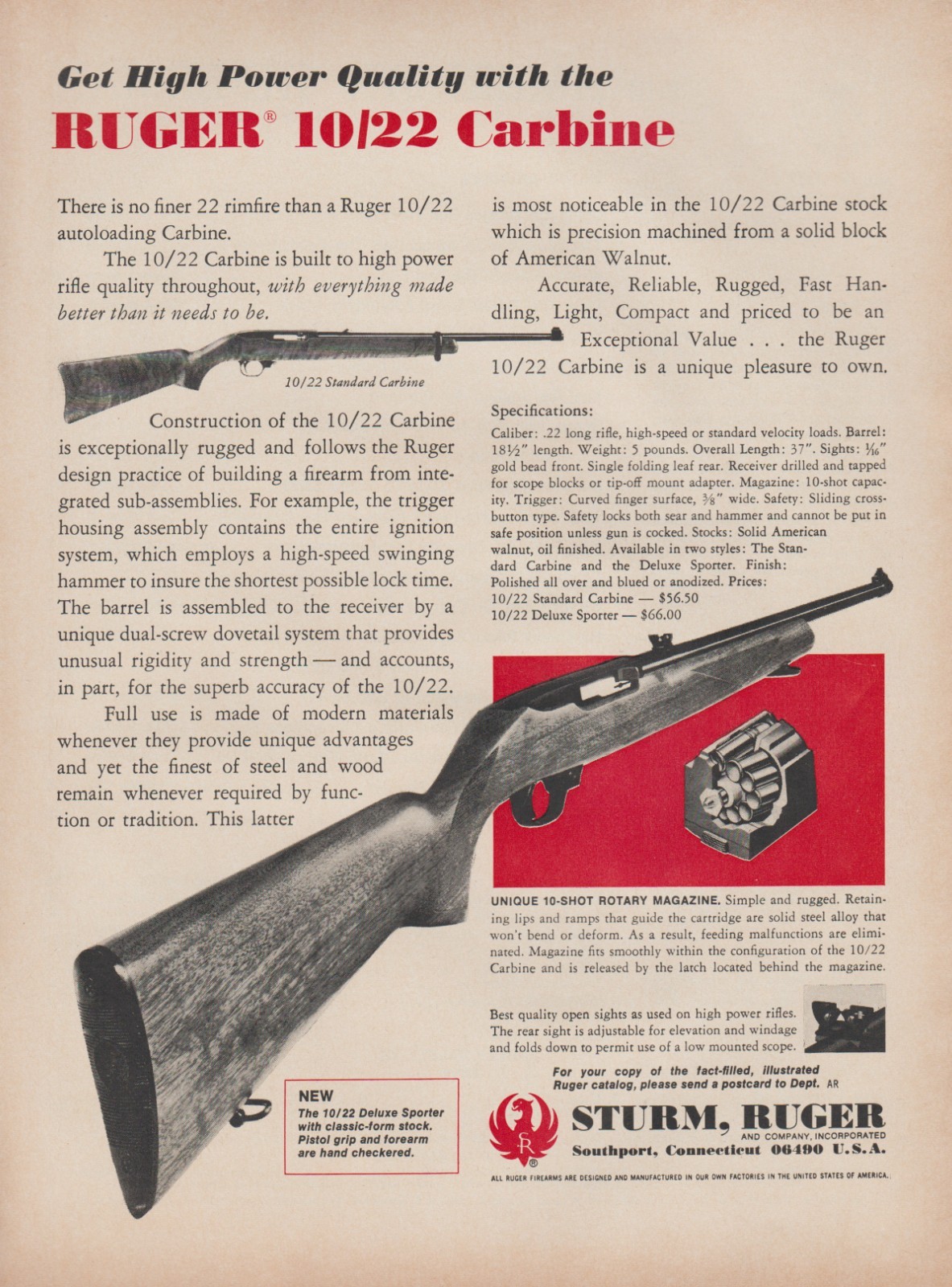 1972 Sturm, Ruger Firearms – Rifle Model 10/22 Carbine – Magazine Print Ad Photo