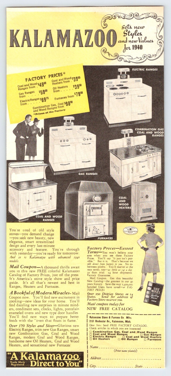 1939 KALAMAZOO RANGES AD Vintage 4.5″X10″ Magazine 1930’s M456