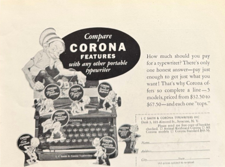 L C Smith & Corona Typewriters Elves Price Listed Syracuse Vintage Print Ad 1936