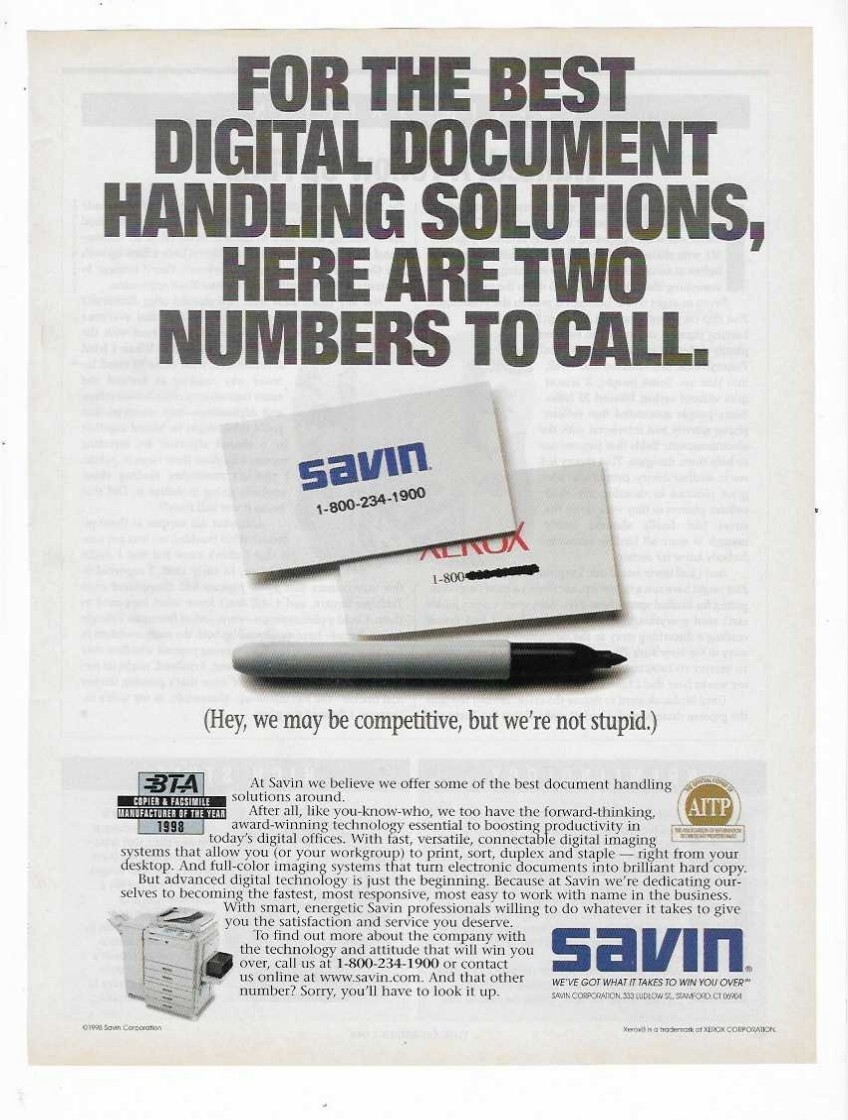 Savin Copiers Digital Imaging & Documents 1998 Vintage Print Advertisement
