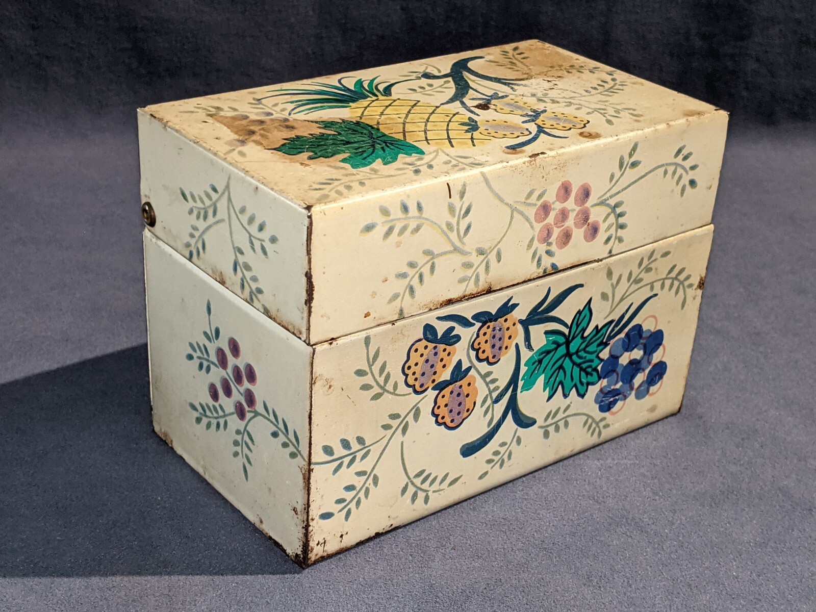 Vintage Tin Recipe Box J Chein & Co USA Lift Top Metal Fruit Colorful (PL190)