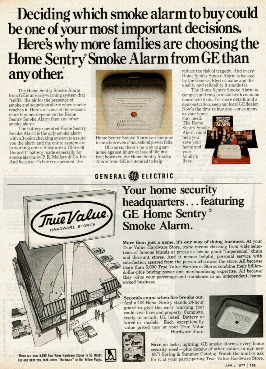 1977 Vintage Print Ad General Electric Smoke Alarm Home Sentry GE True Value