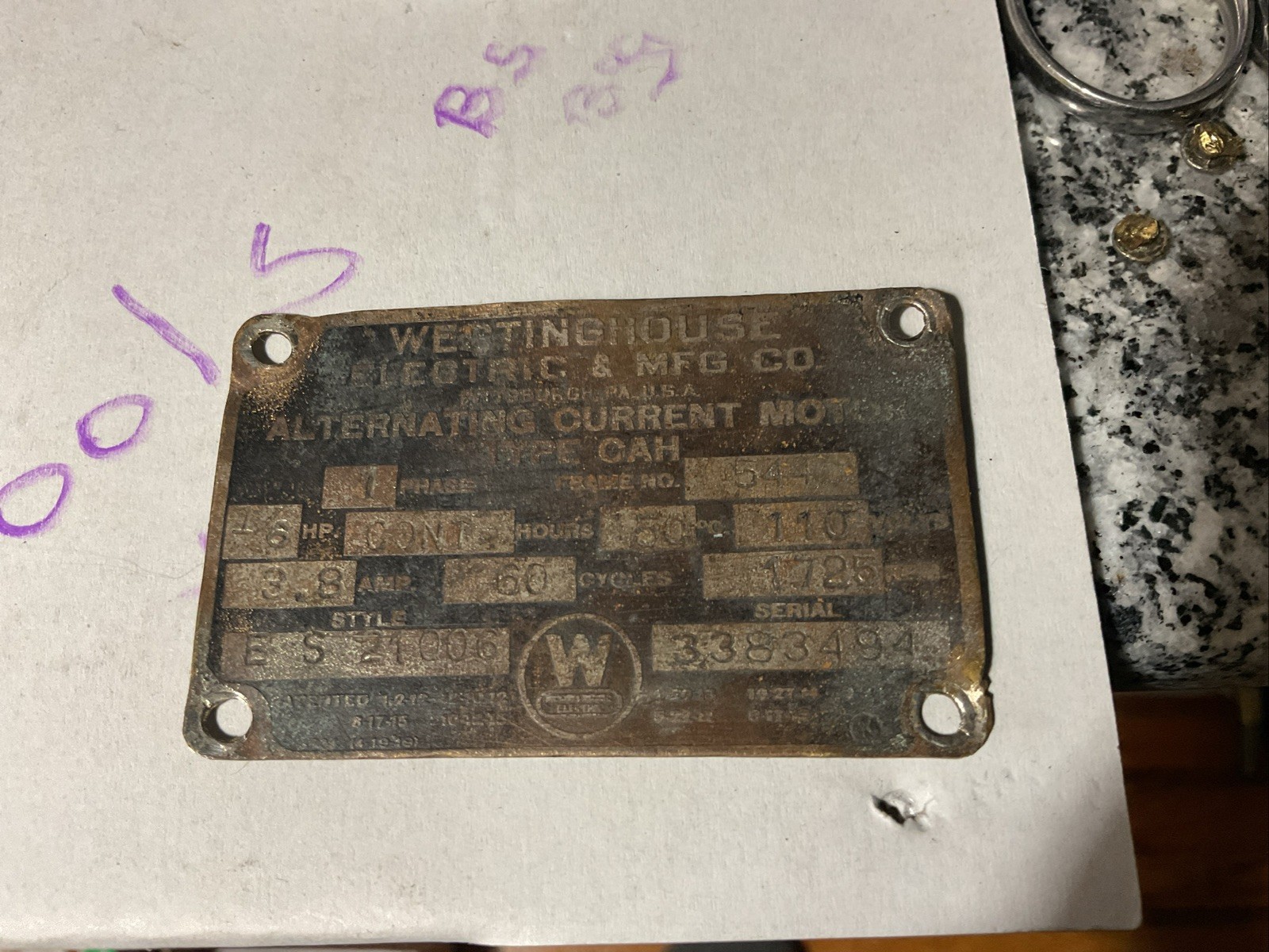 Vintage Westinghouse AC Motor Brass ID Nameplate Tag Emblem Sign Pittsburgh Pa
